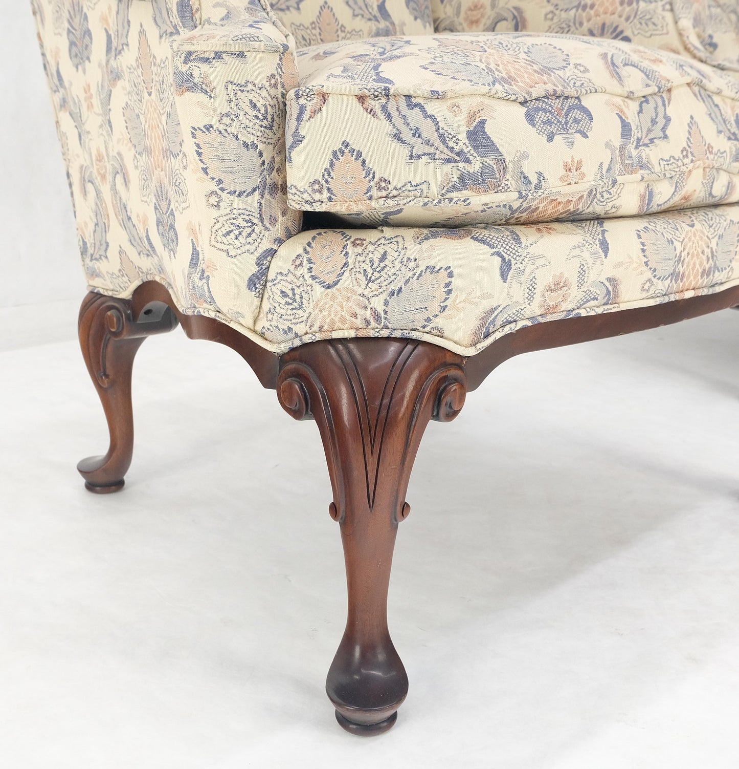 EstablishedLines Pair of Queen Ann Carved Walnut Bases Blue & White Upholstery Arm Chairs MINT!