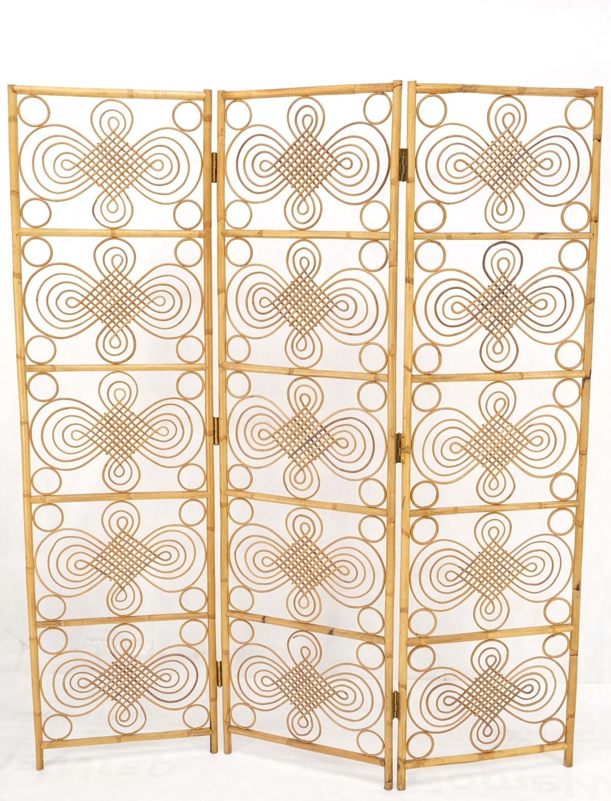 EstablishedLines Mid Century Stunning Pattern Three Panel Bamboo Rattan Room Divider Screen Mint