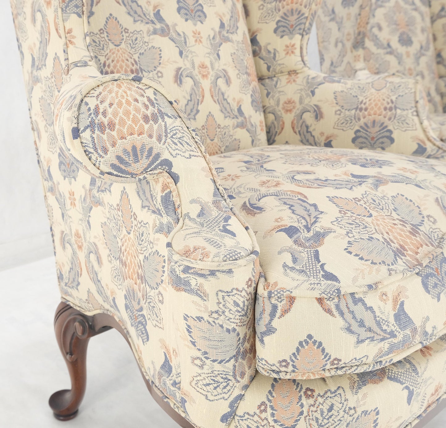 EstablishedLines Pair of Queen Ann Carved Walnut Bases Blue & White Upholstery Arm Chairs MINT!