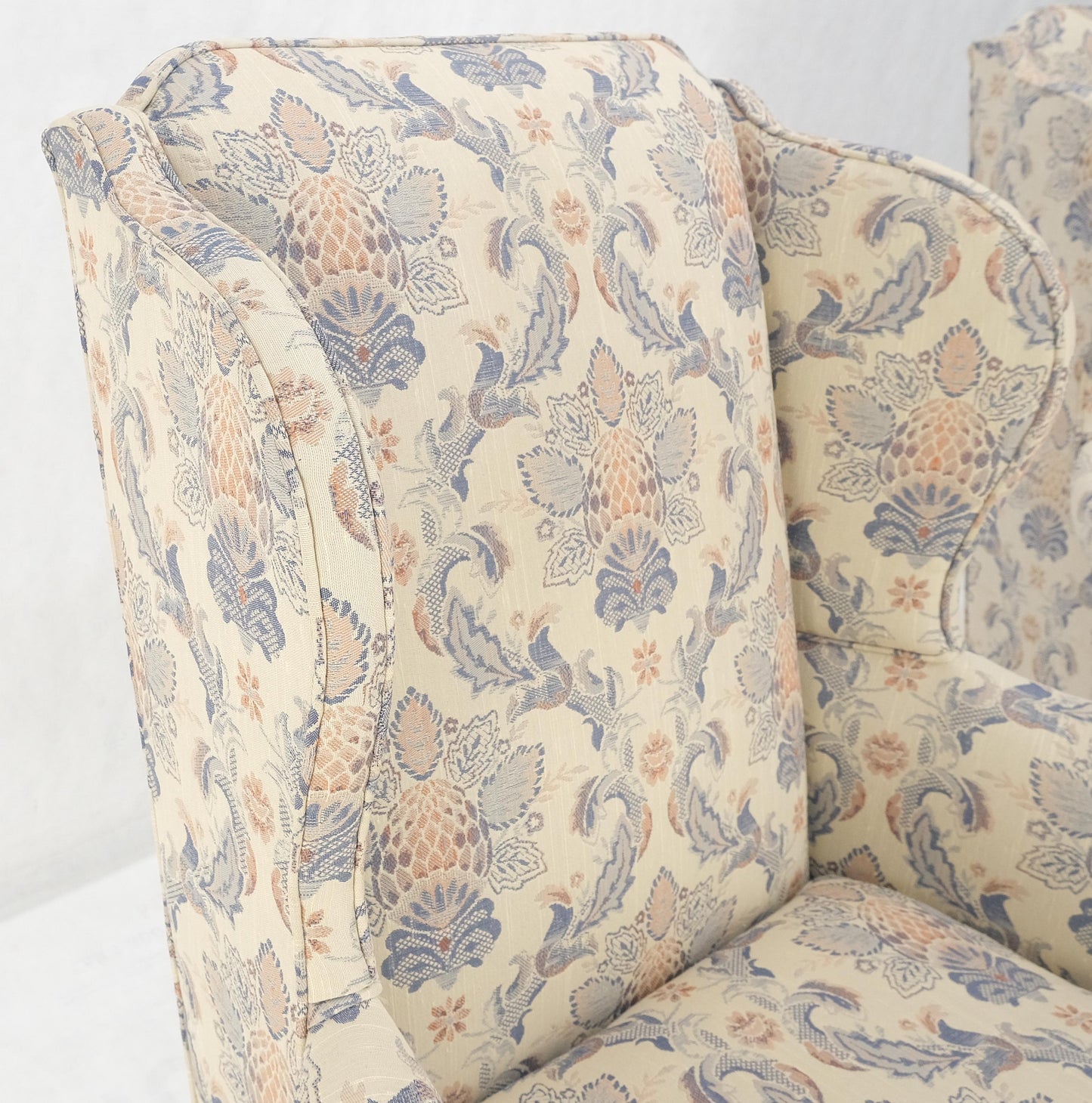 EstablishedLines Pair of Queen Ann Carved Walnut Bases Blue & White Upholstery Arm Chairs MINT!