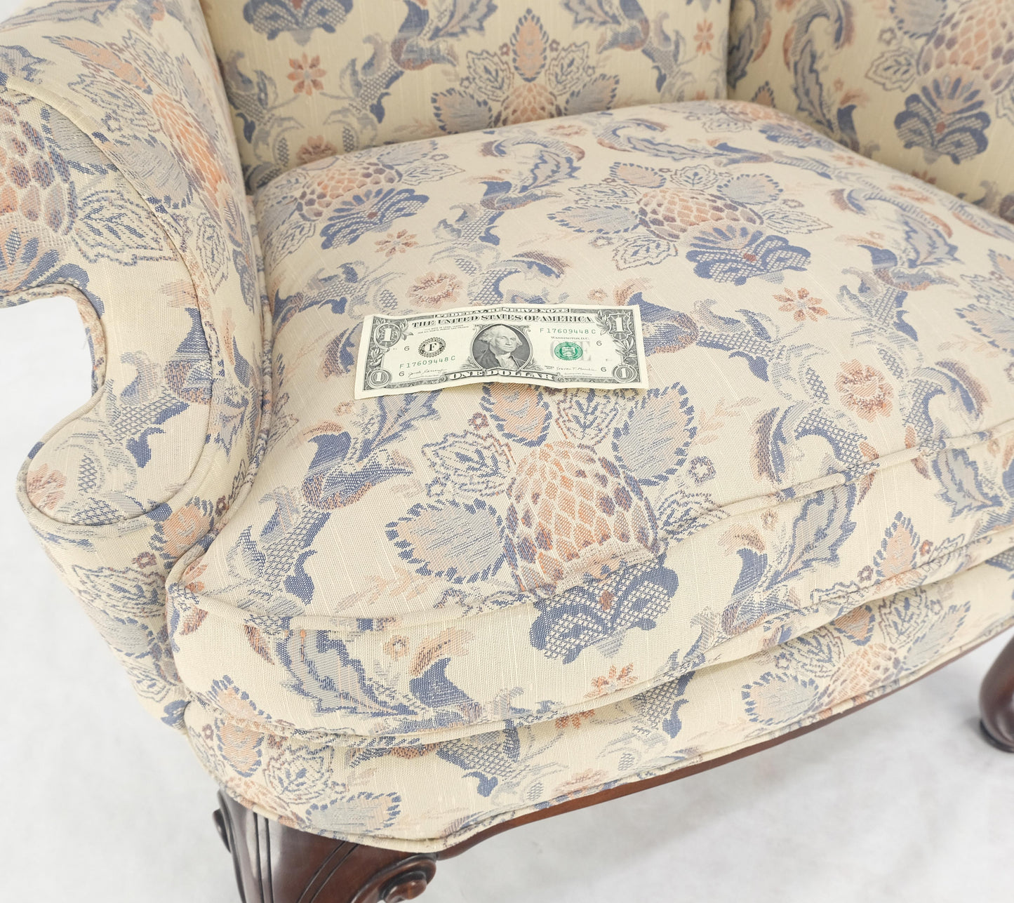 EstablishedLines Pair of Queen Ann Carved Walnut Bases Blue & White Upholstery Arm Chairs MINT!