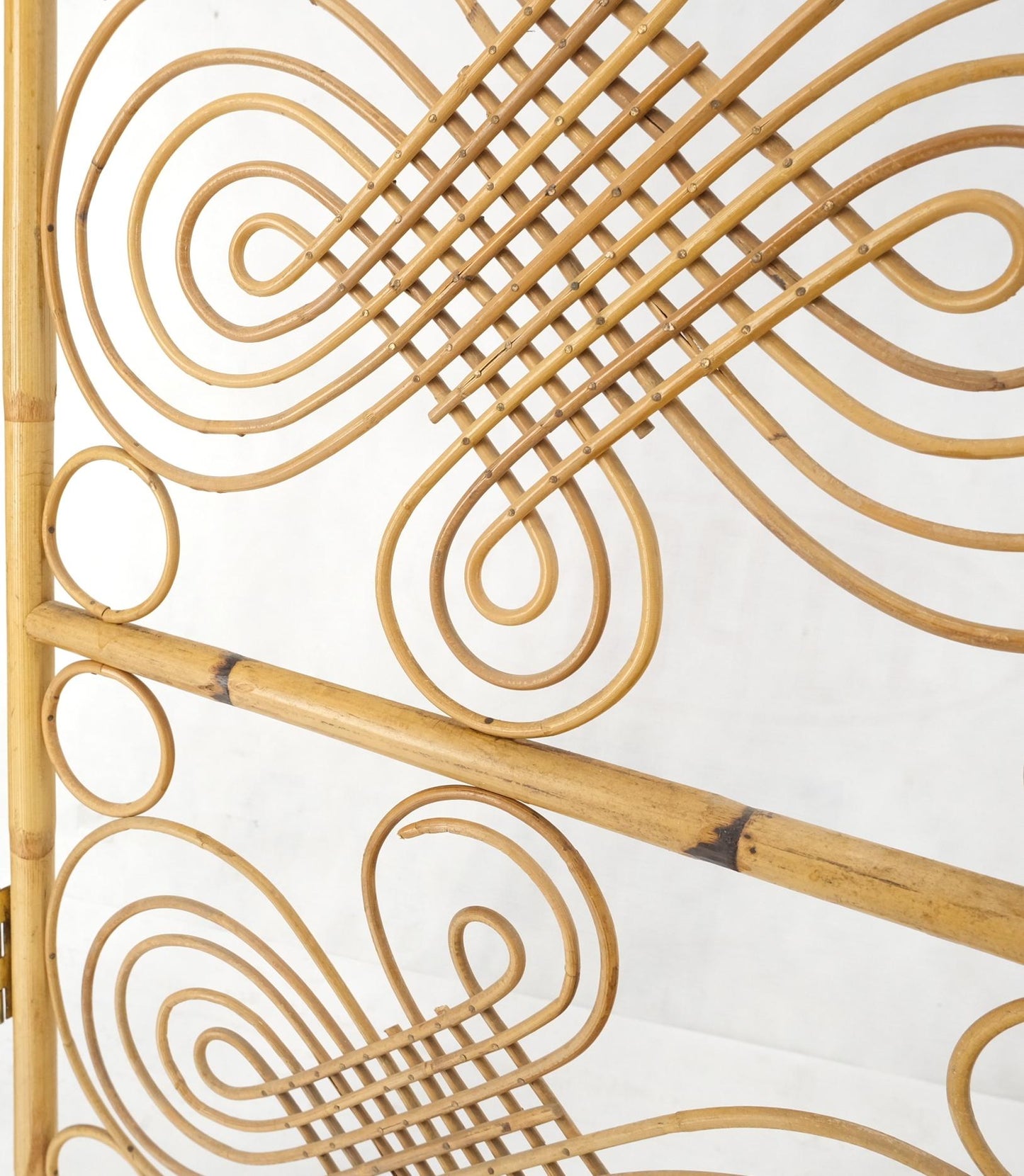 EstablishedLines Mid Century Stunning Pattern Three Panel Bamboo Rattan Room Divider Screen Mint