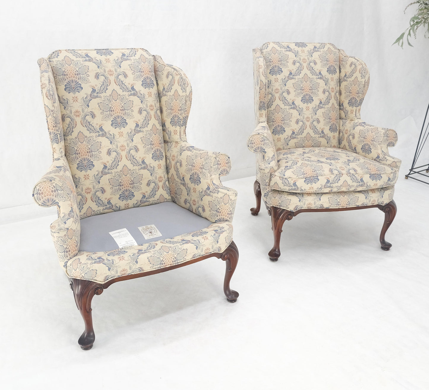 EstablishedLines Pair of Queen Ann Carved Walnut Bases Blue & White Upholstery Arm Chairs MINT!