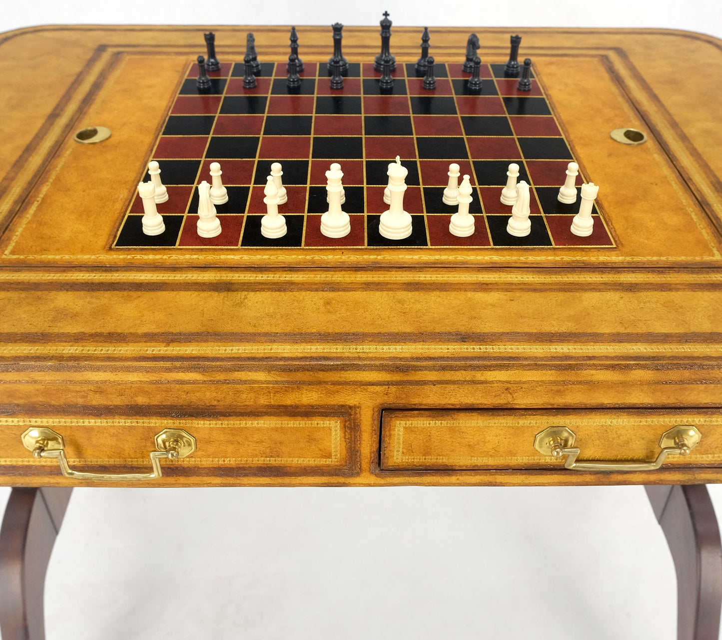 EstablishedLines Flit Top Chess Board Backgammon Tooled Leather Top Two Drawers Game Table MINT!