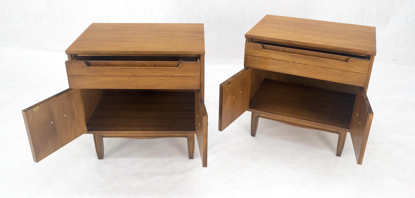 Pair Light Walnut One Drawer Two Doors Solid Brass Bucked Pulls Nightstands MINT