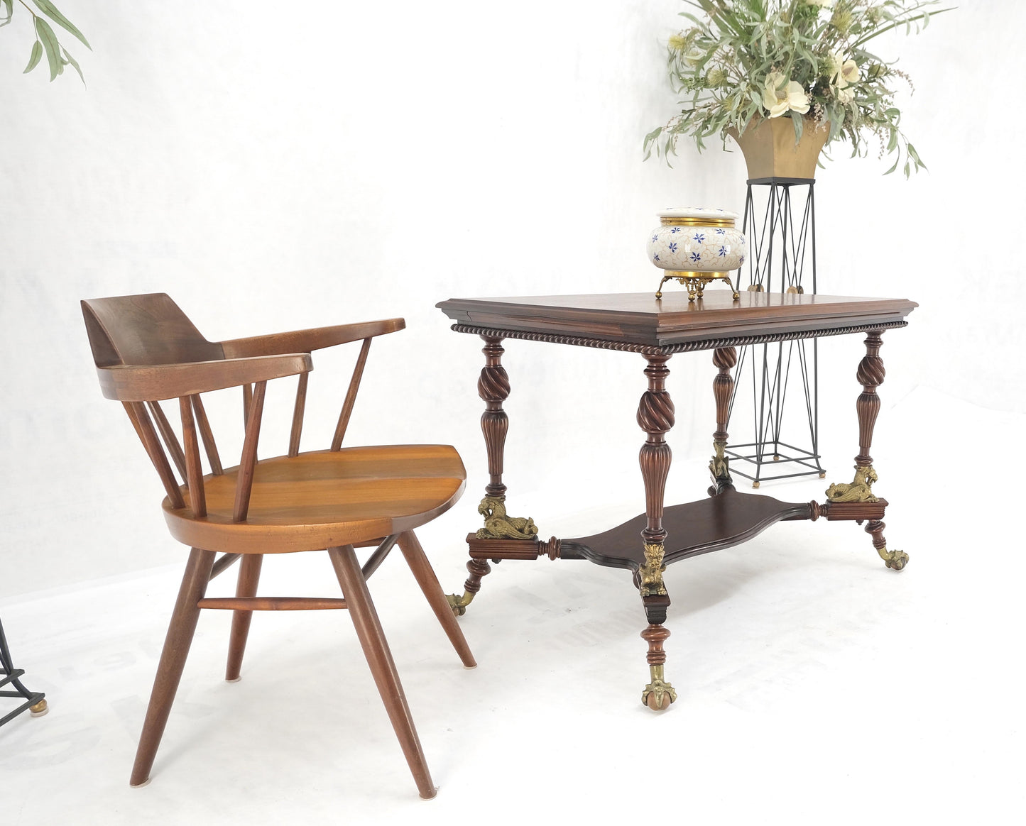EstablishedLines Solid Mahogany Carved Twisted Rope Style Legs Gilt Cast Iron Ball & Claw Table