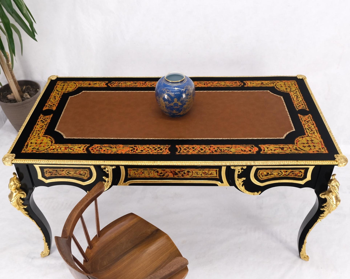EstablishedLines Enamel Decorated French Louis Revival Ormolu Mounted Bureau Desk Table Console