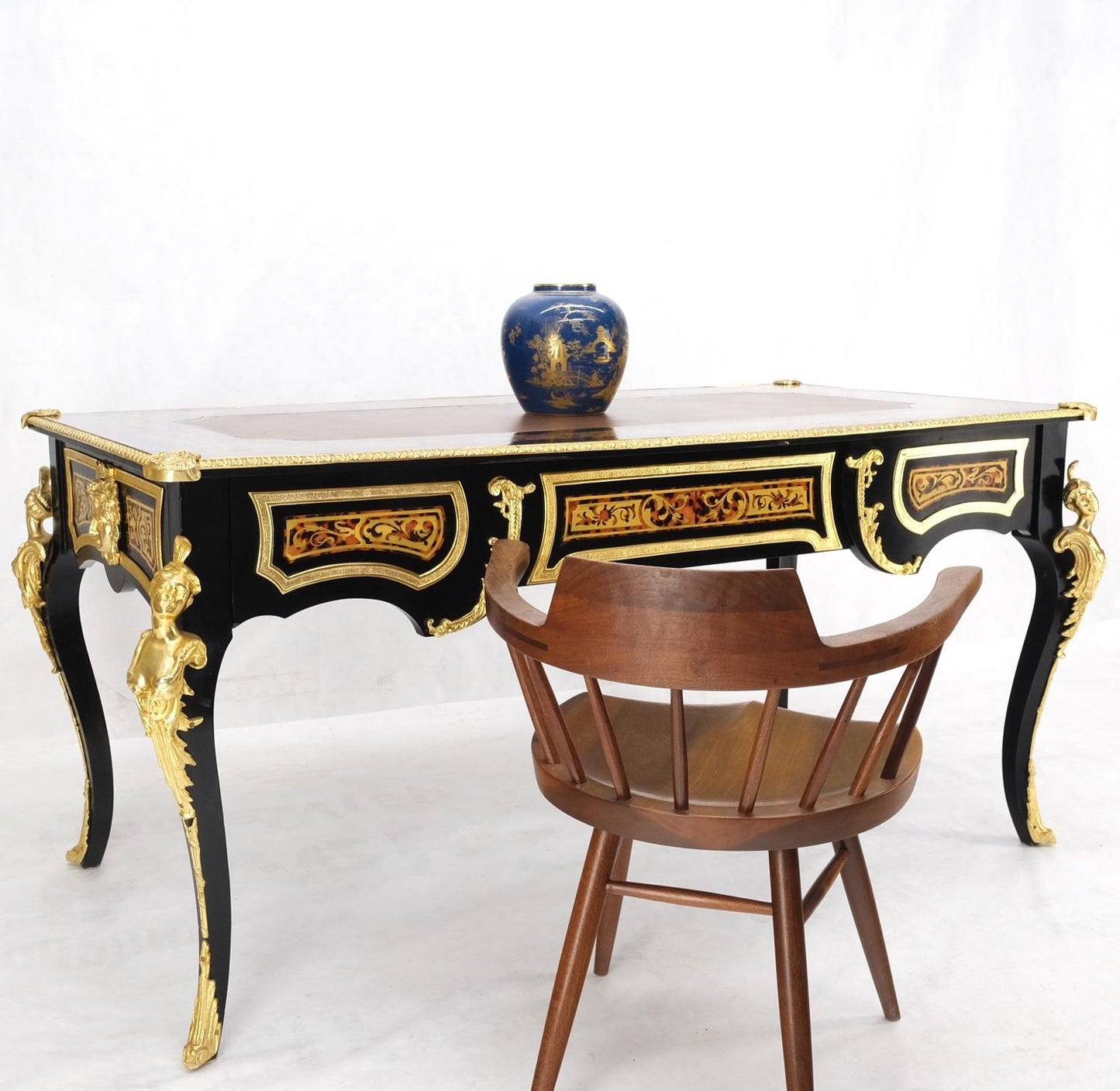 EstablishedLines Enamel Decorated French Louis Revival Ormolu Mounted Bureau Desk Table Console
