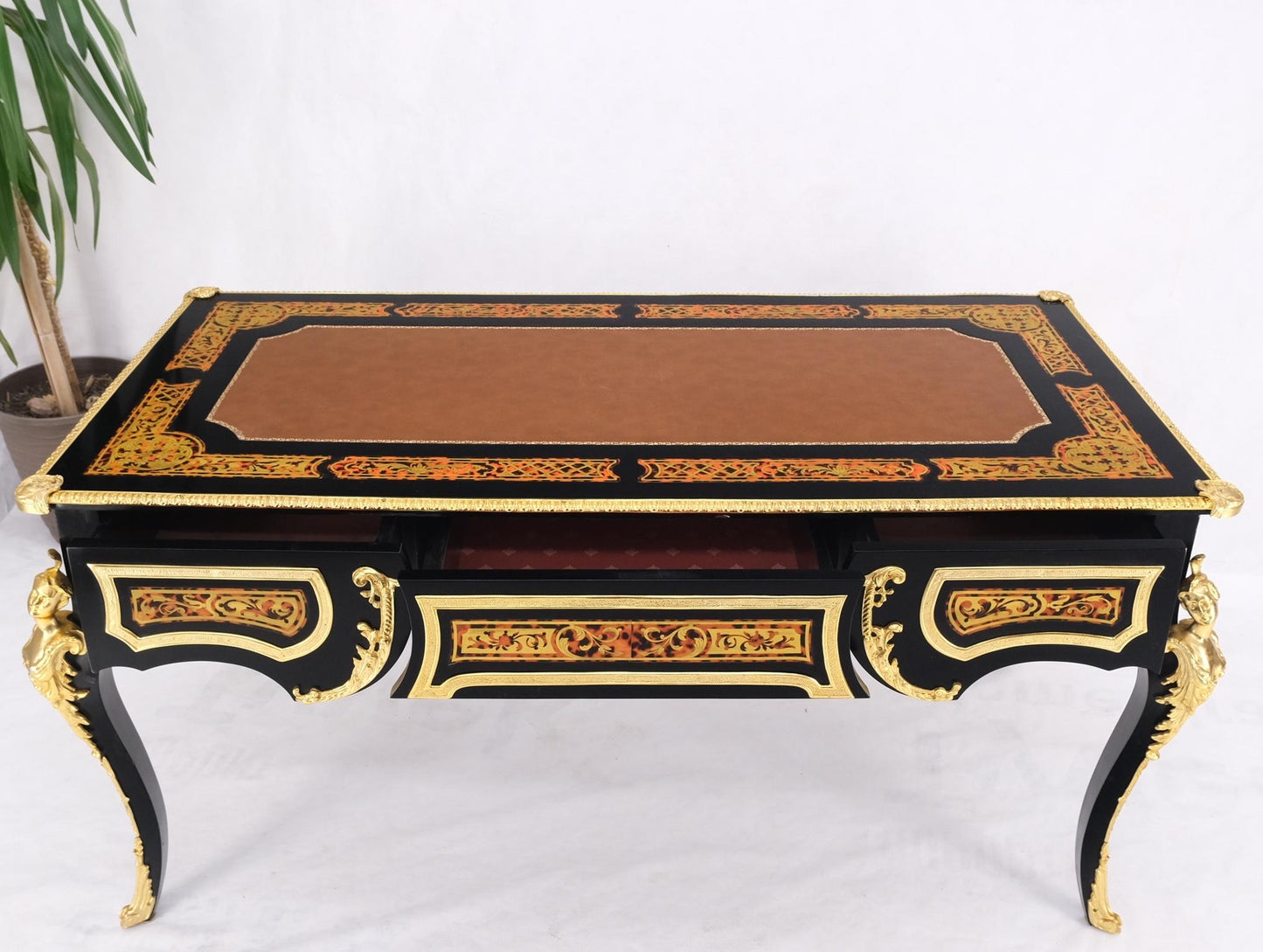 EstablishedLines Enamel Decorated French Louis Revival Ormolu Mounted Bureau Desk Table Console
