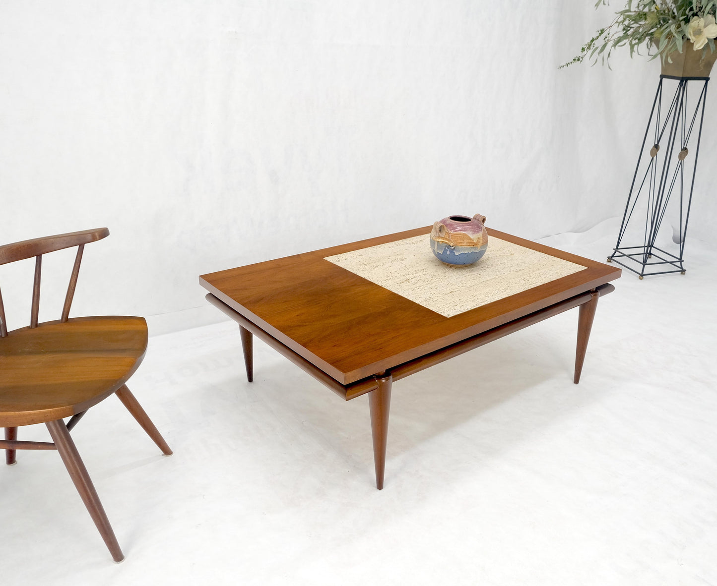 EstablishedLines Floating Walnut Top Travertine Insert Tapered legs Rectangle Coffee Table MINT!