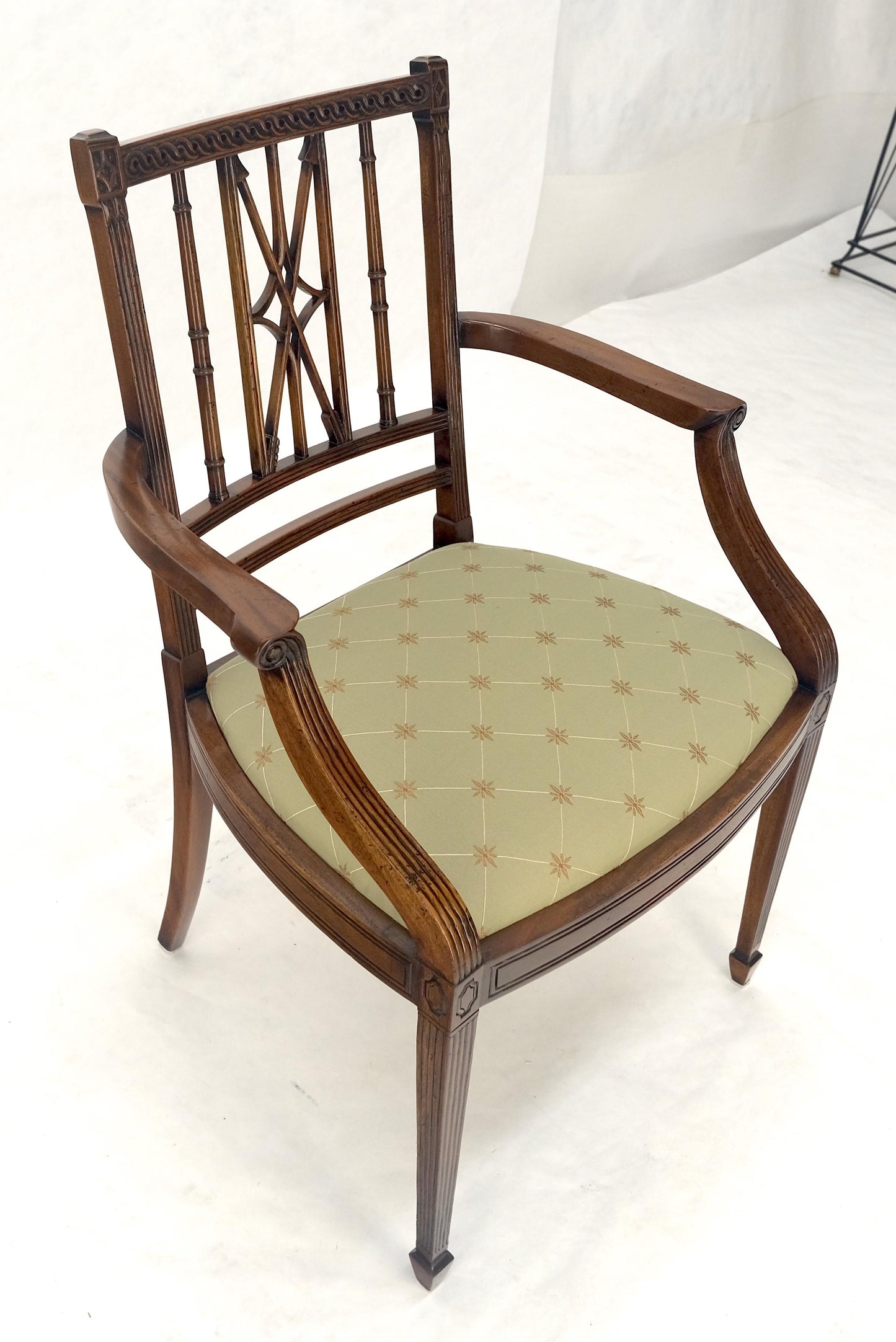 EstablishedLines Very Fine Carved Mahogany Open Arm Faux Bamboo Arrows Back Armchair MINT