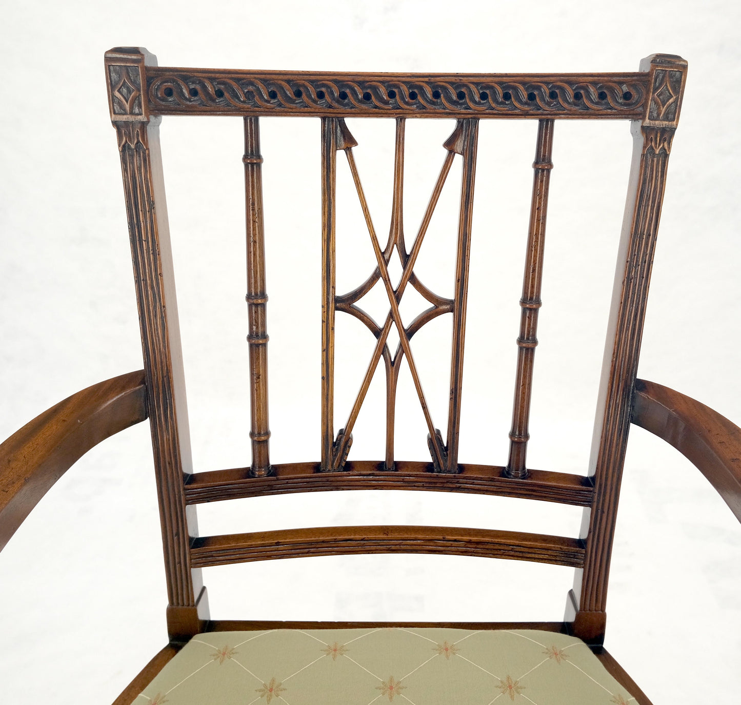EstablishedLines Very Fine Carved Mahogany Open Arm Faux Bamboo Arrows Back Armchair MINT