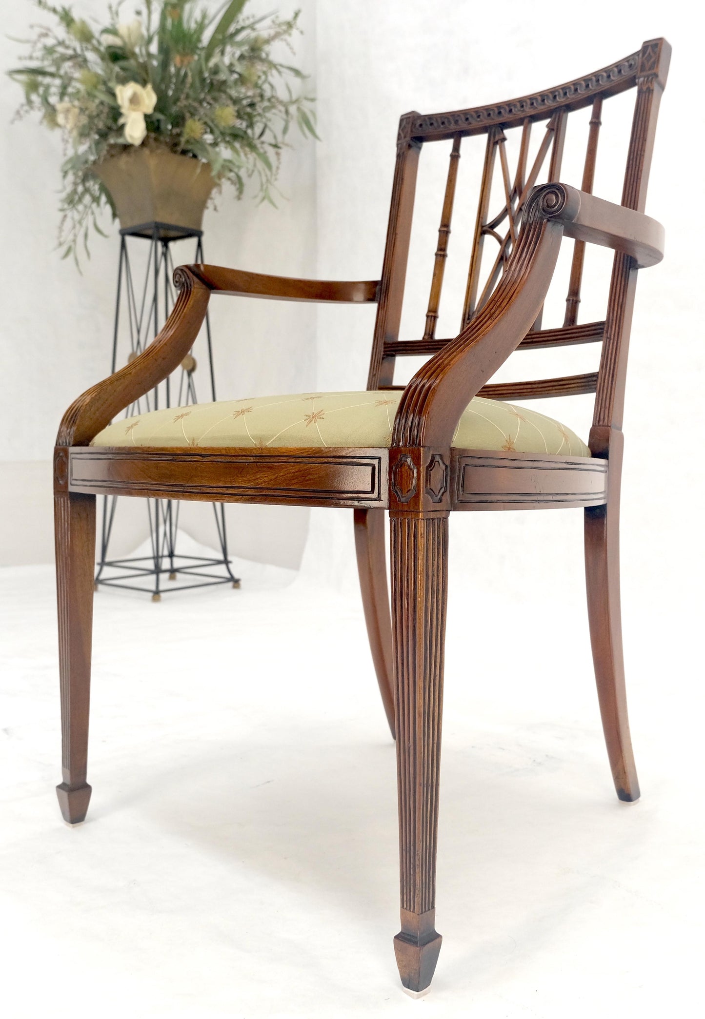 EstablishedLines Very Fine Carved Mahogany Open Arm Faux Bamboo Arrows Back Armchair MINT