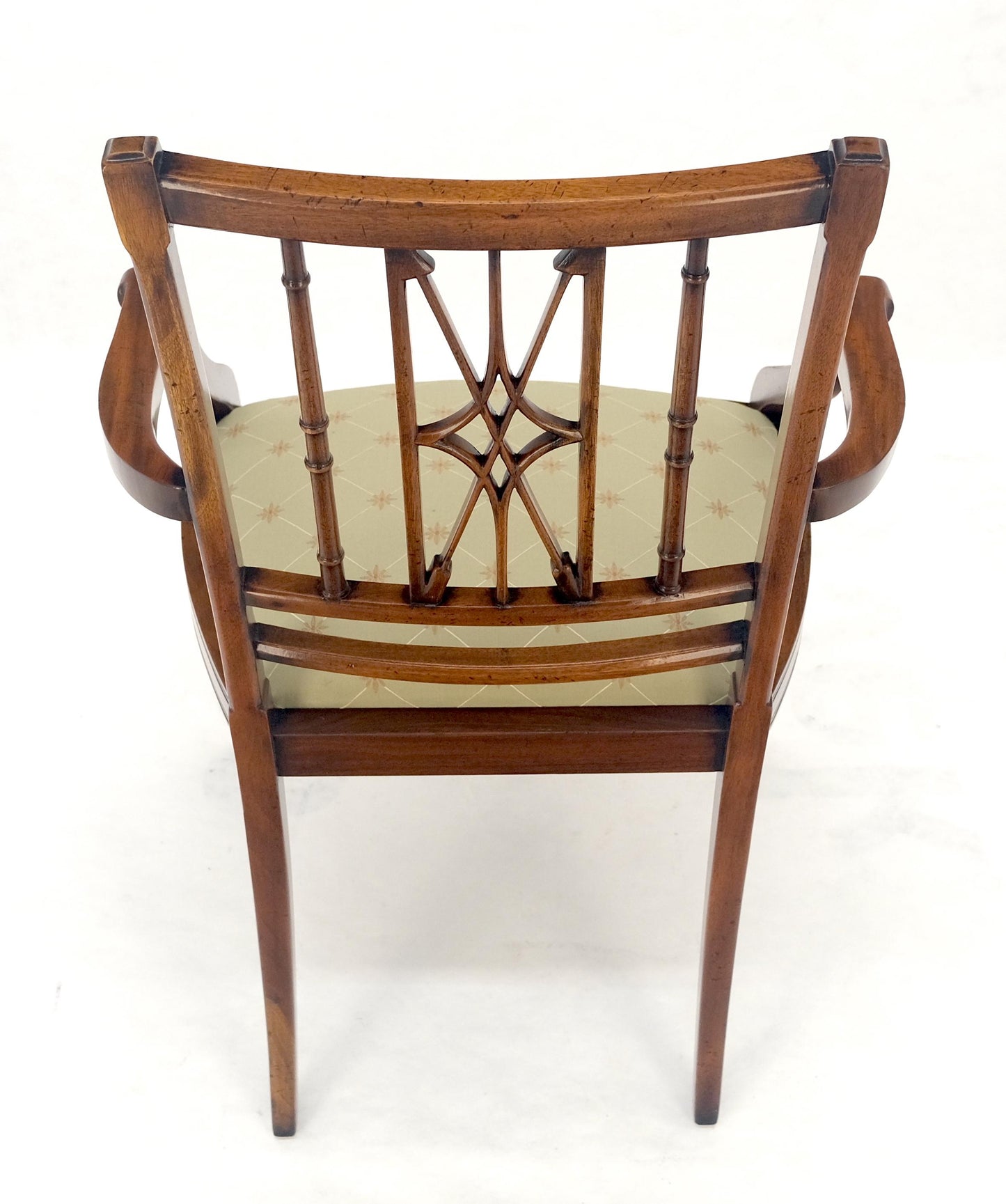 EstablishedLines Very Fine Carved Mahogany Open Arm Faux Bamboo Arrows Back Armchair MINT