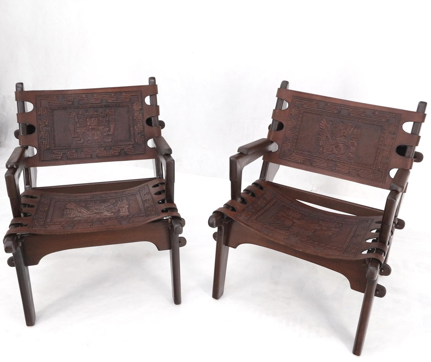 EstablishedLines Pair of Walnut Carved Tolled Leather Sling Seats Arm Chairs by Angel Pazmino