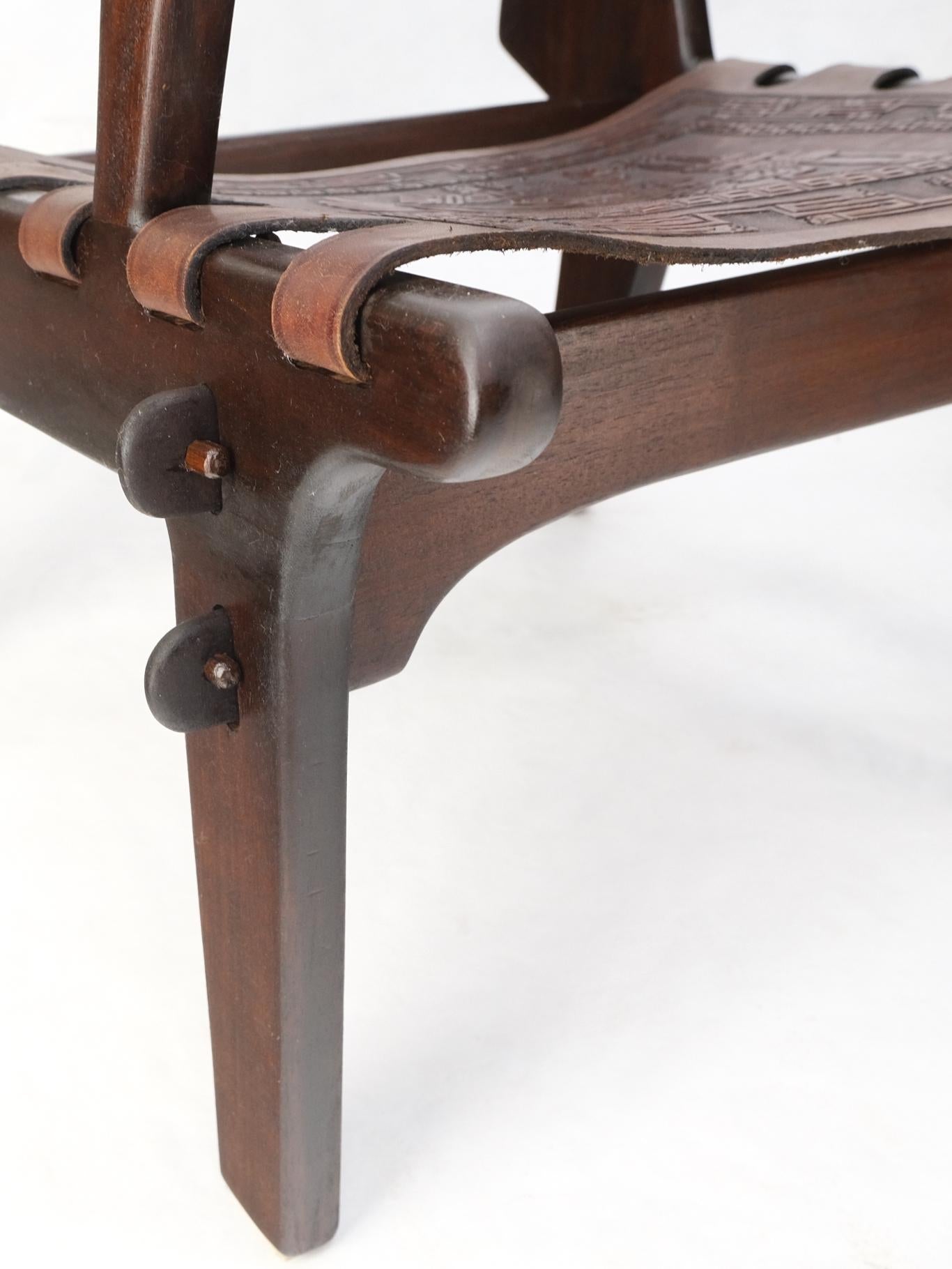 EstablishedLines Pair of Walnut Carved Tolled Leather Sling Seats Arm Chairs by Angel Pazmino