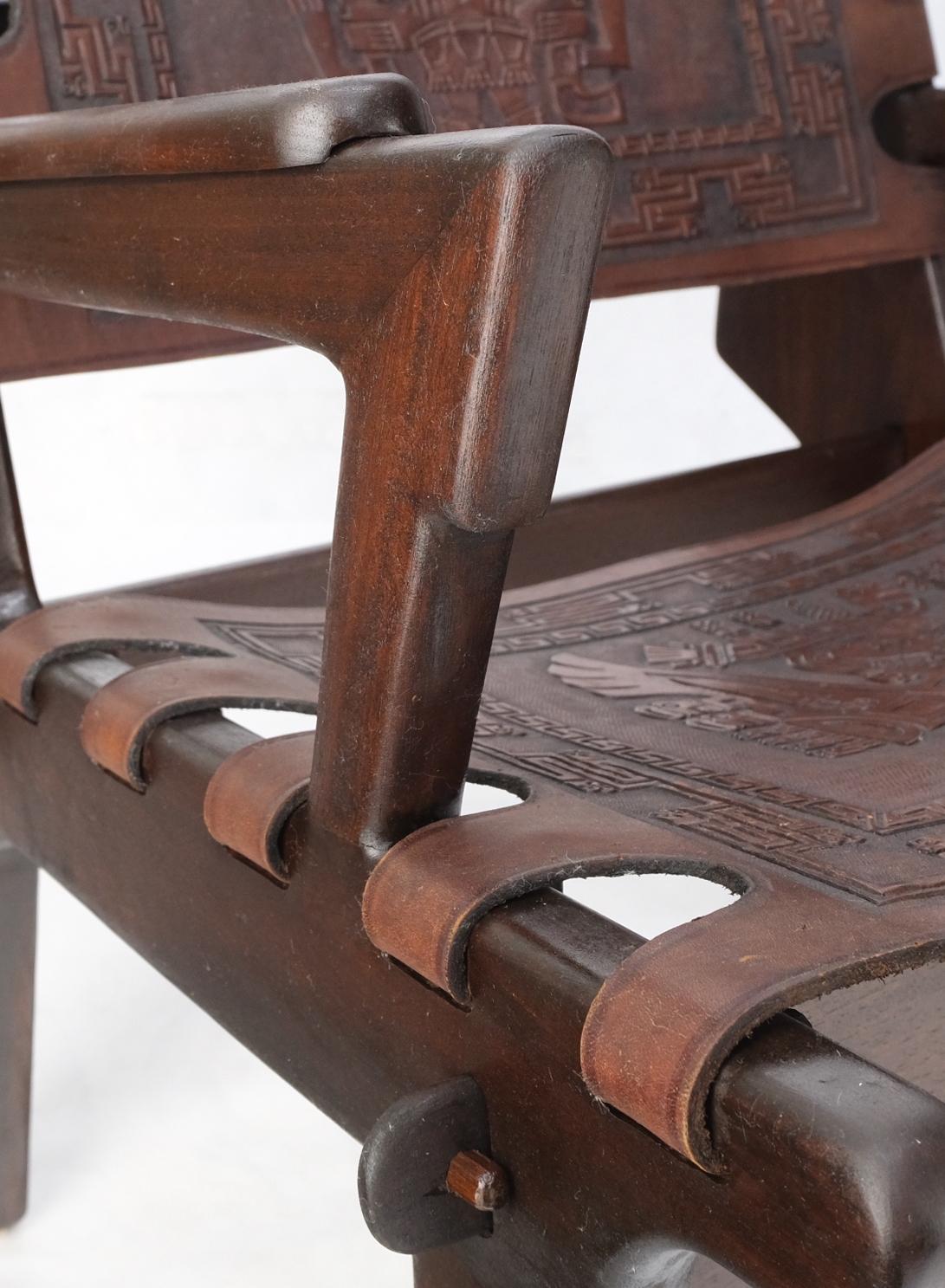 EstablishedLines Pair of Walnut Carved Tolled Leather Sling Seats Arm Chairs by Angel Pazmino