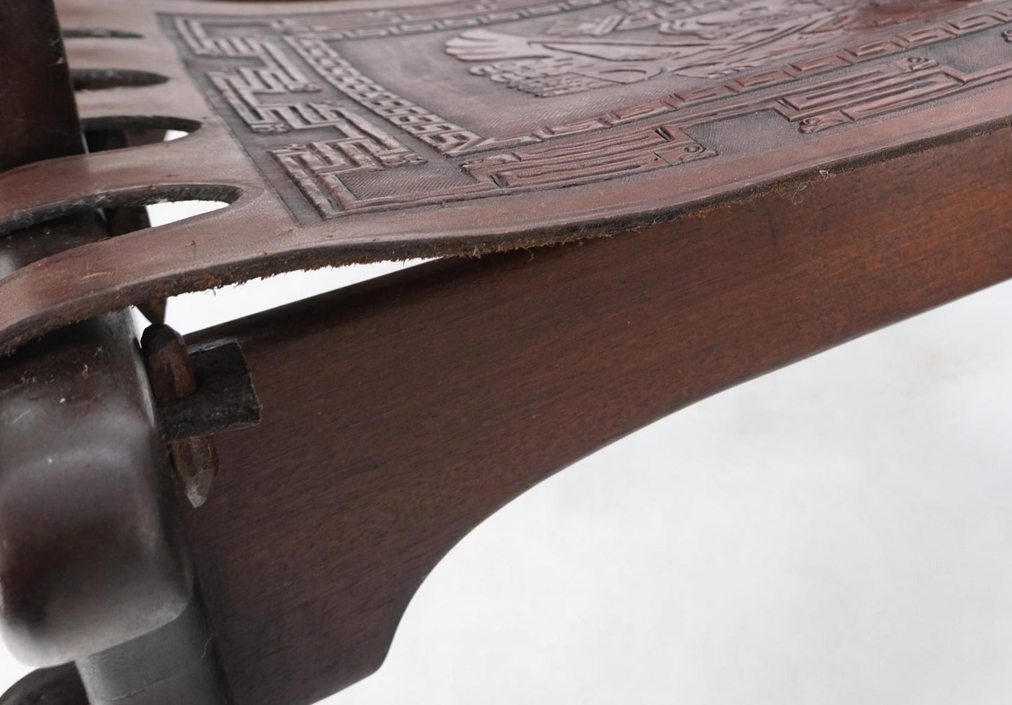 EstablishedLines Pair of Walnut Carved Tolled Leather Sling Seats Arm Chairs by Angel Pazmino