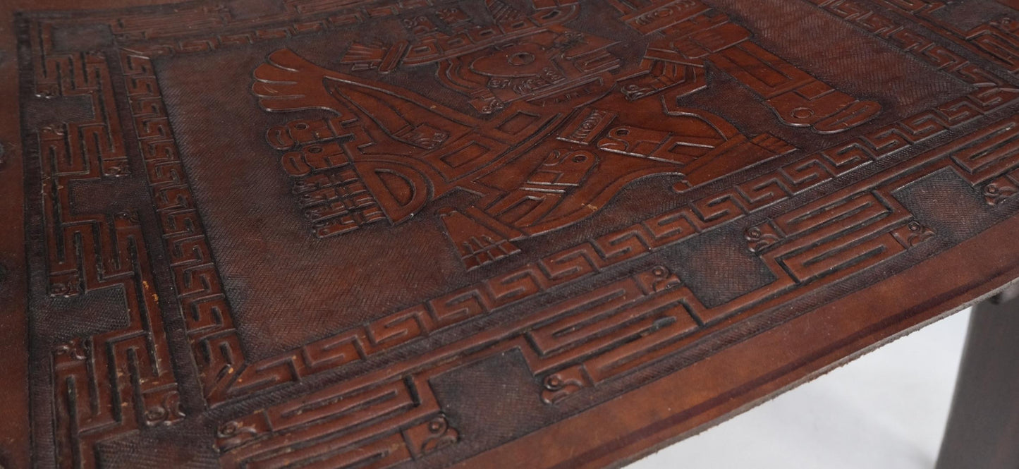 EstablishedLines Pair of Walnut Carved Tolled Leather Sling Seats Arm Chairs by Angel Pazmino