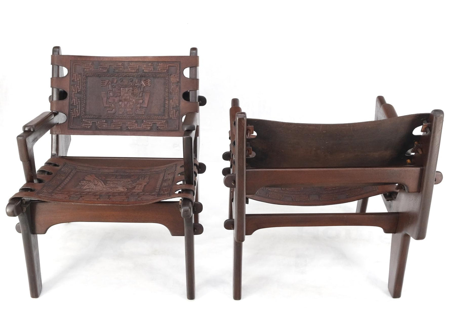 EstablishedLines Pair of Walnut Carved Tolled Leather Sling Seats Arm Chairs by Angel Pazmino