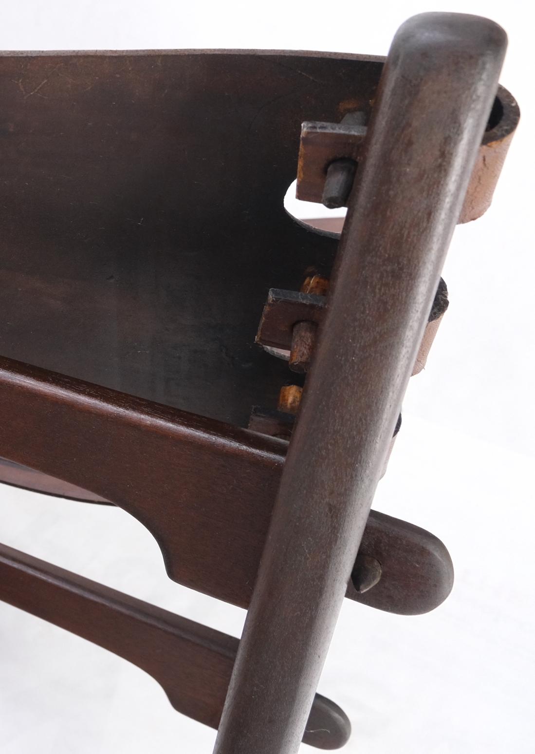 EstablishedLines Pair of Walnut Carved Tolled Leather Sling Seats Arm Chairs by Angel Pazmino