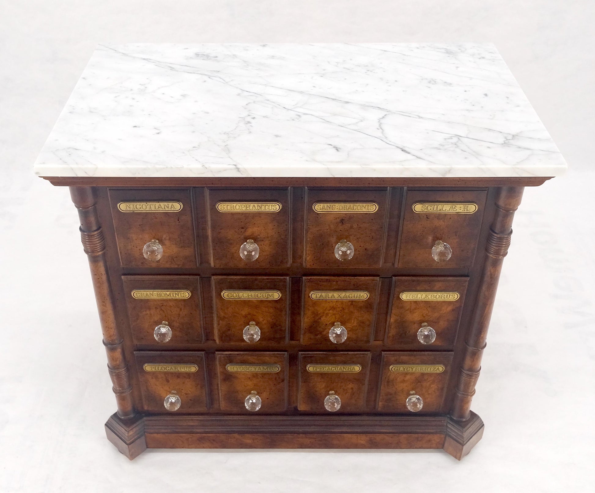 EstablishedLines Marble Top Drawers Burl Wood Decorative Cristal Balls Pulls Bachelor Chest MINT
