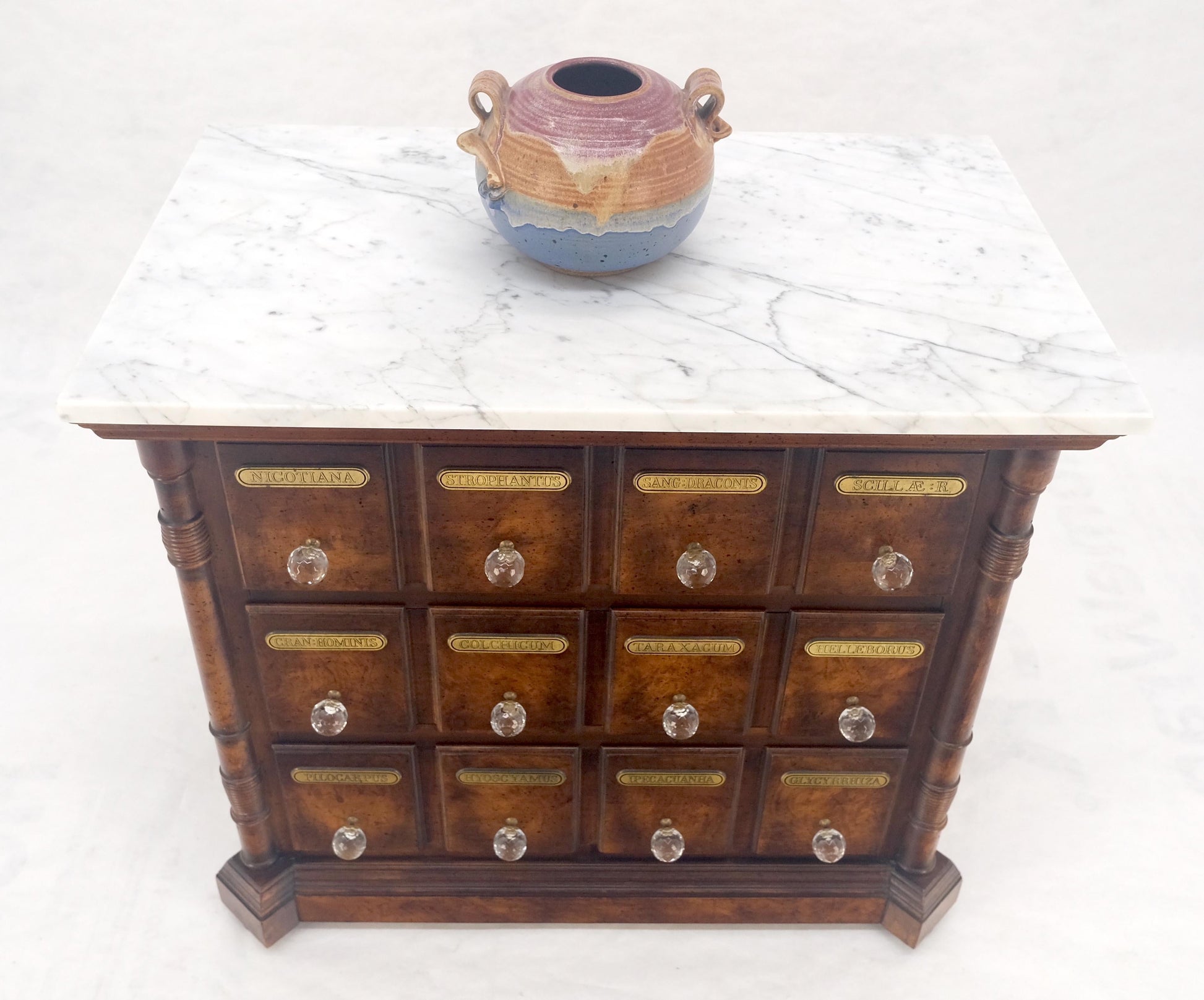 EstablishedLines Marble Top Drawers Burl Wood Decorative Cristal Balls Pulls Bachelor Chest MINT