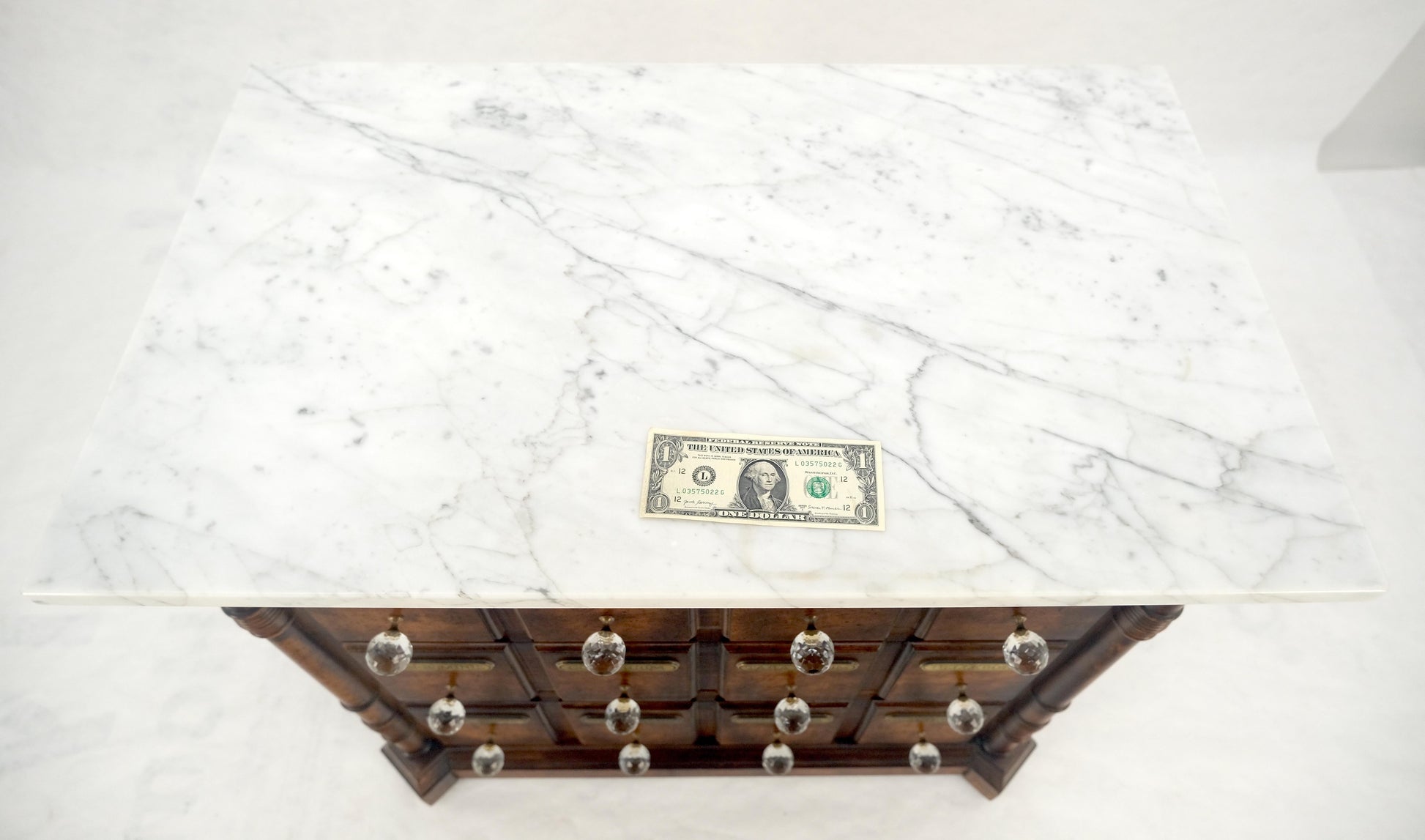 EstablishedLines Marble Top Drawers Burl Wood Decorative Cristal Balls Pulls Bachelor Chest MINT