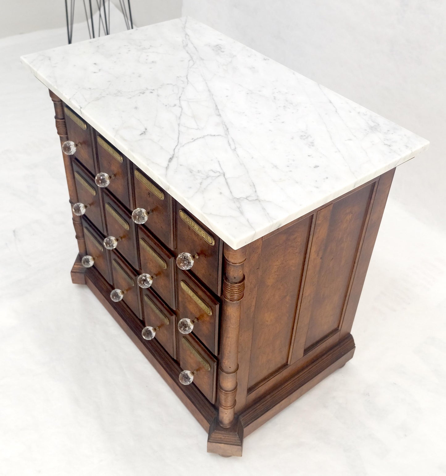 EstablishedLines Marble Top Drawers Burl Wood Decorative Cristal Balls Pulls Bachelor Chest MINT