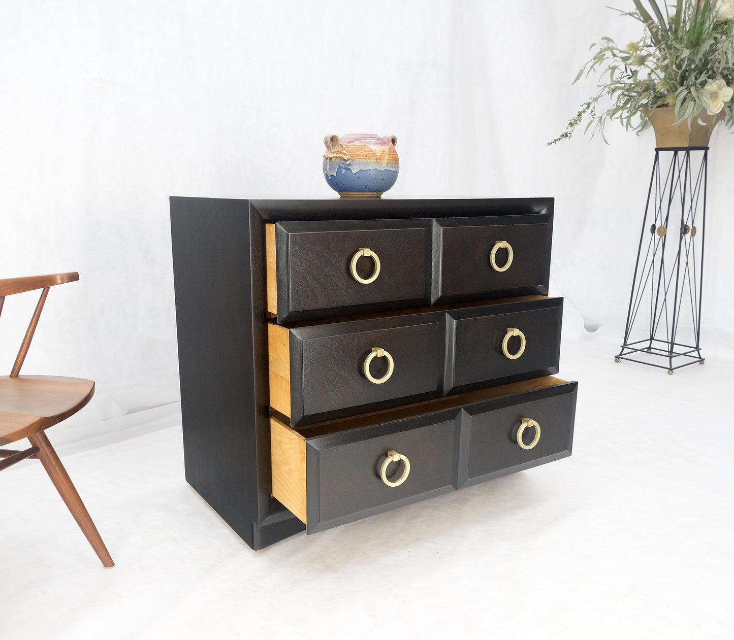 EstablishedLines Ebonized Walnut Large Gold Rings Drop Pulls 3 Drawer Bachelor Chest MINT!