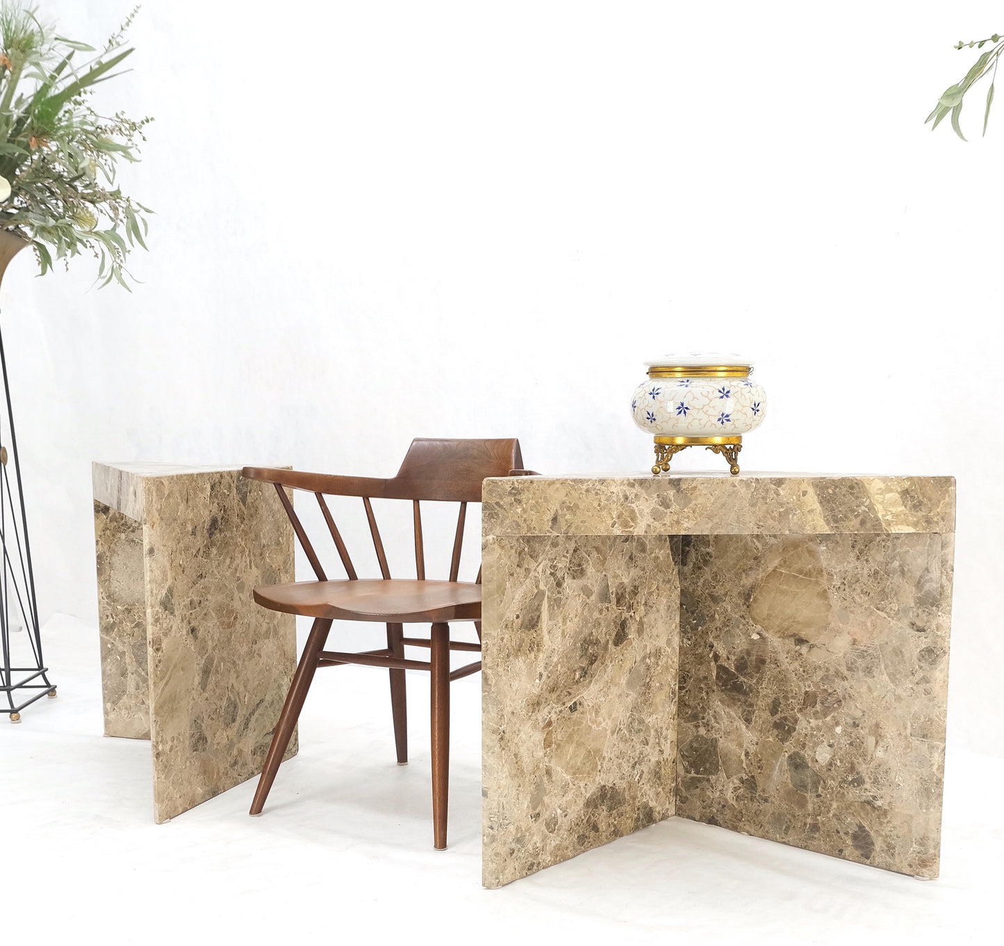 EstablishedLines Pair Midcentury Marble Onyx Triangle Shape End Side Tables Night Stands Mint!