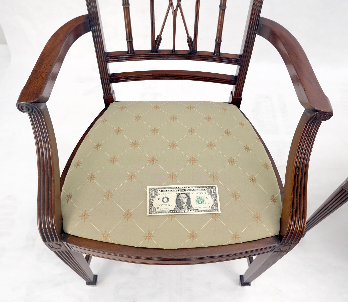 EstablishedLines Pair of Very Fine Carved Mahogany Open Arm Faux Bamboo Arrows Armchairs MINT