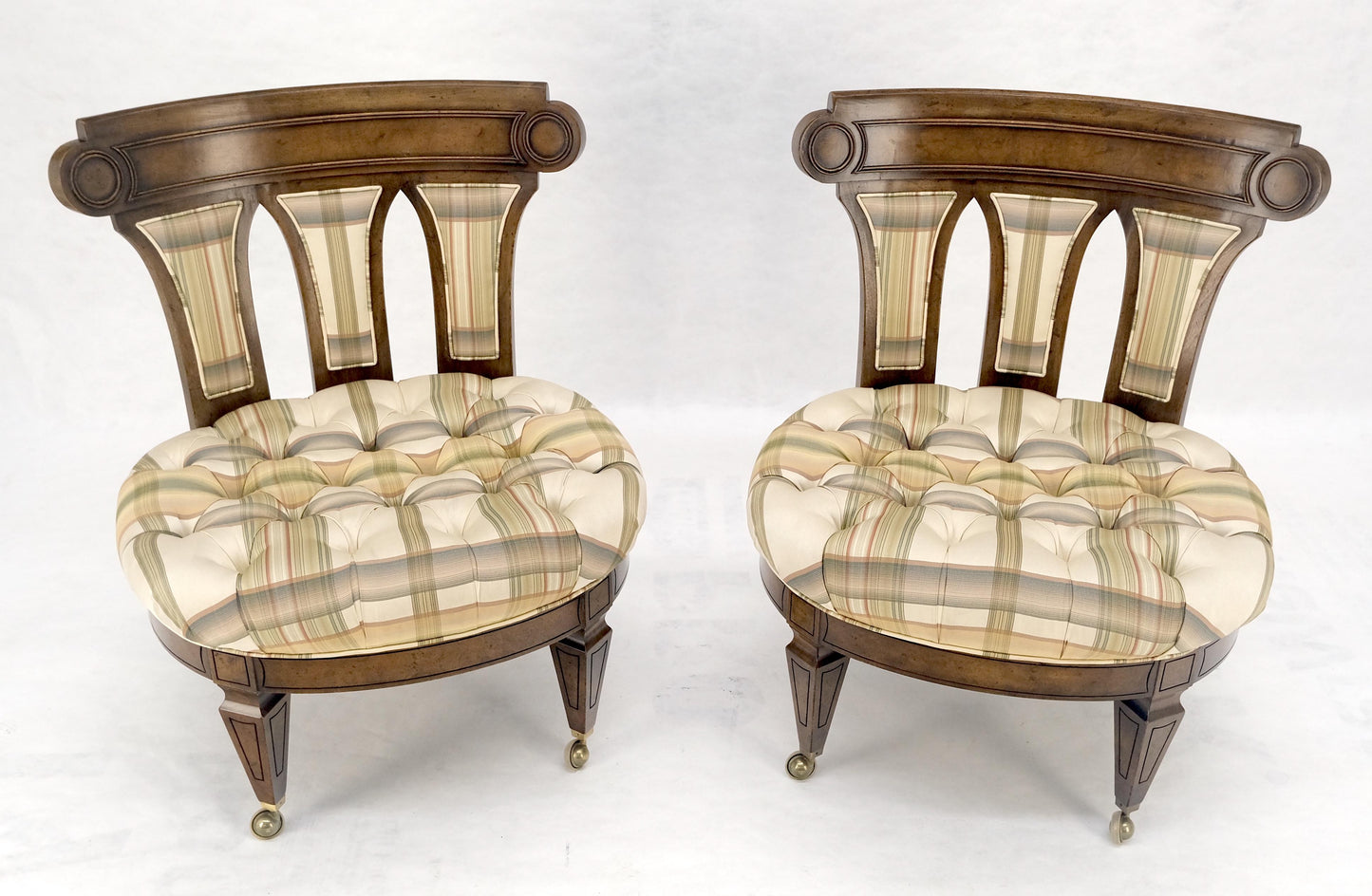 EstablishedLines Pair of Tufted Seats Burl Wood Back Oval Seats Slipper Chairs on Caters MINT