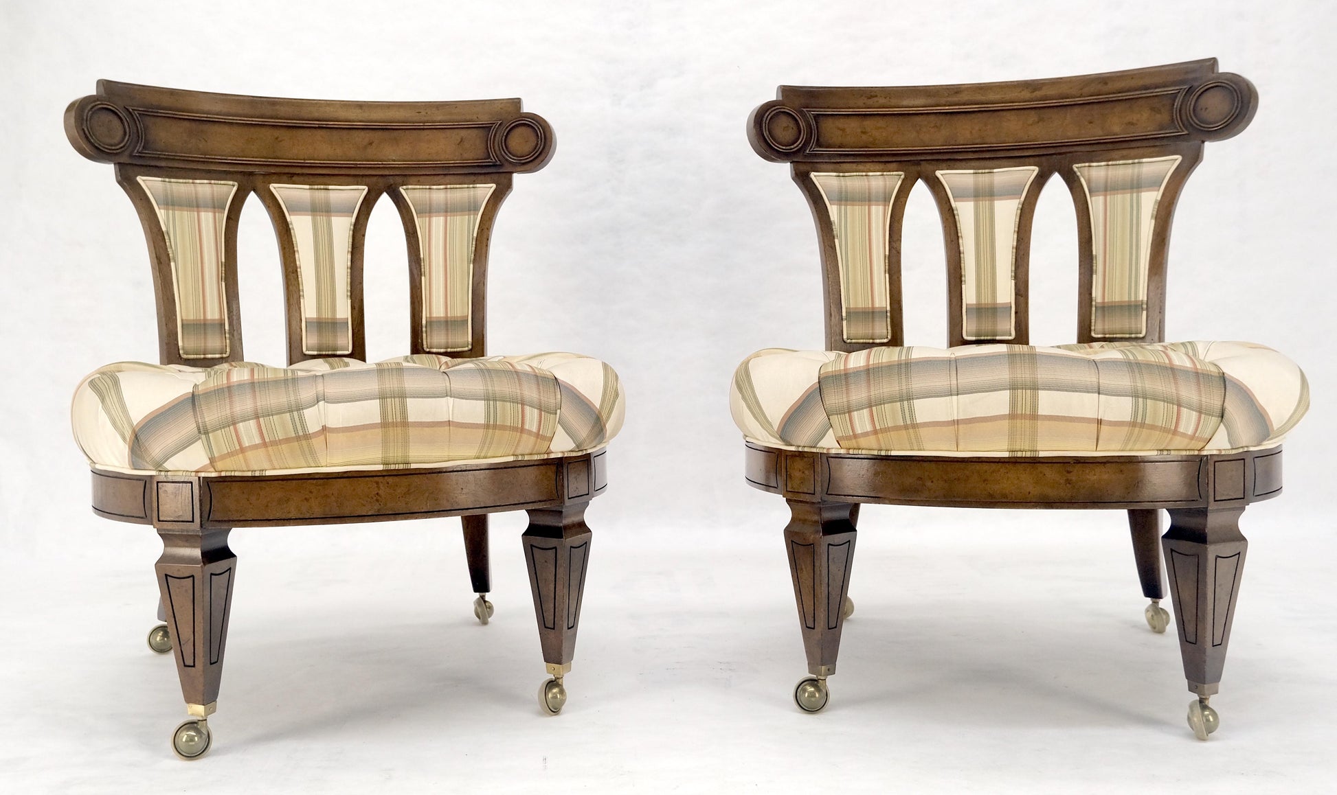 EstablishedLines Pair of Tufted Seats Burl Wood Back Oval Seats Slipper Chairs on Caters MINT