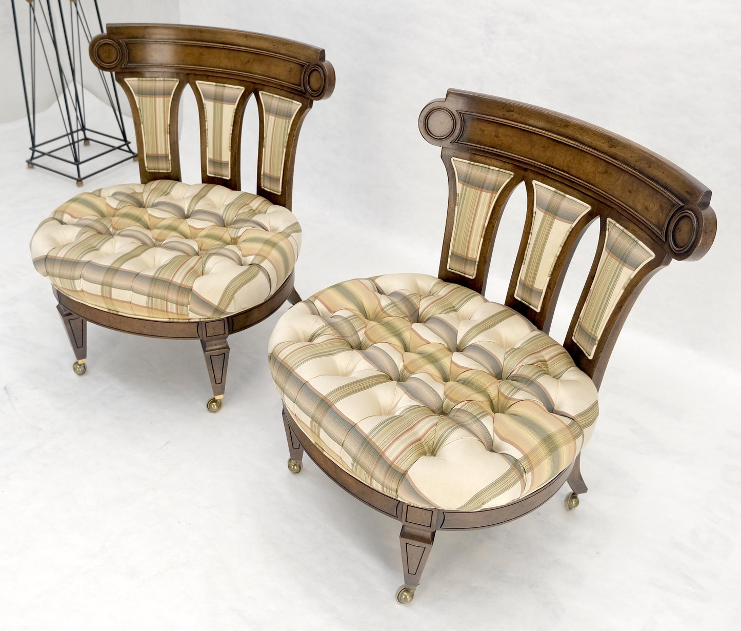 EstablishedLines Pair of Tufted Seats Burl Wood Back Oval Seats Slipper Chairs on Caters MINT