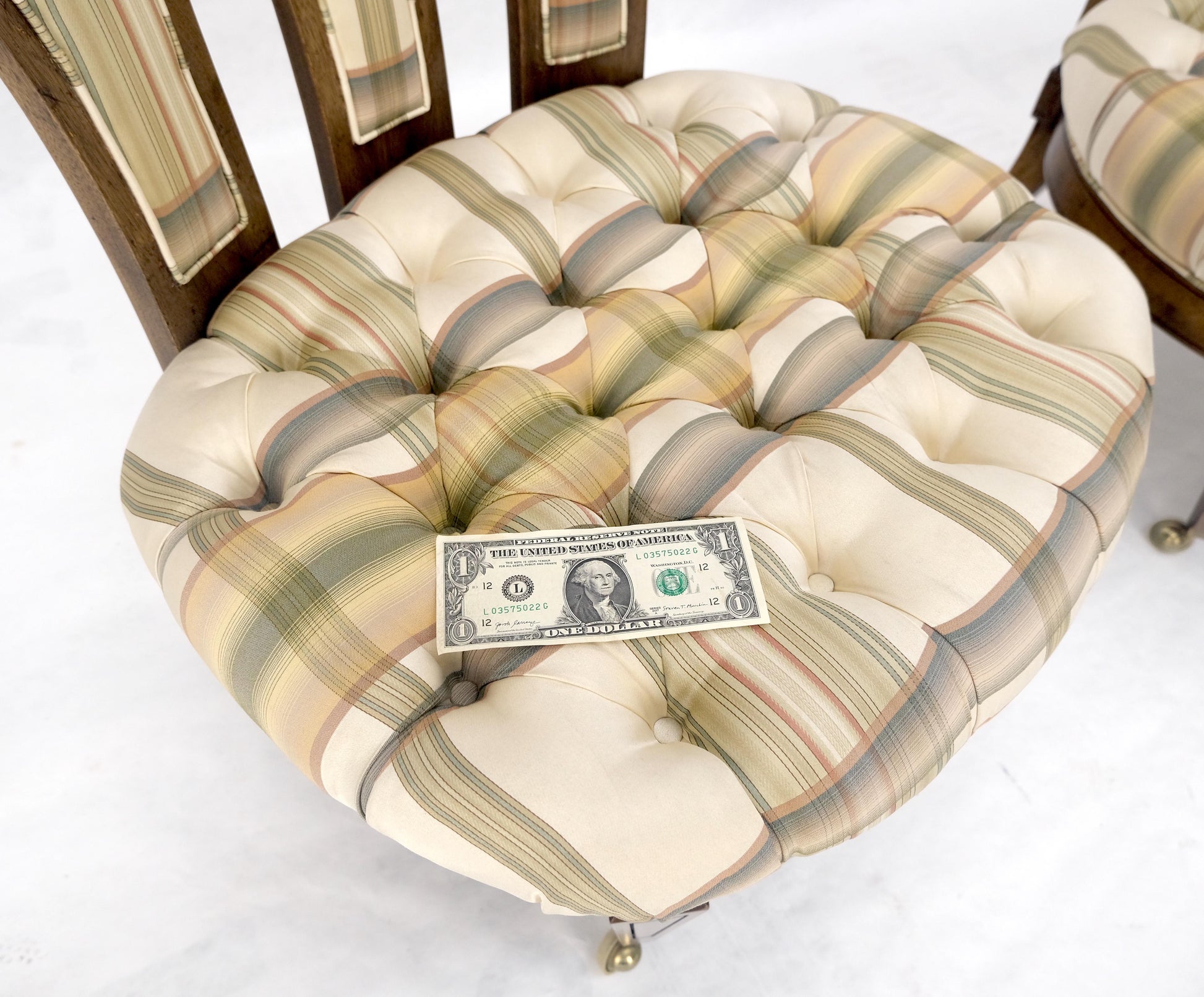 EstablishedLines Pair of Tufted Seats Burl Wood Back Oval Seats Slipper Chairs on Caters MINT