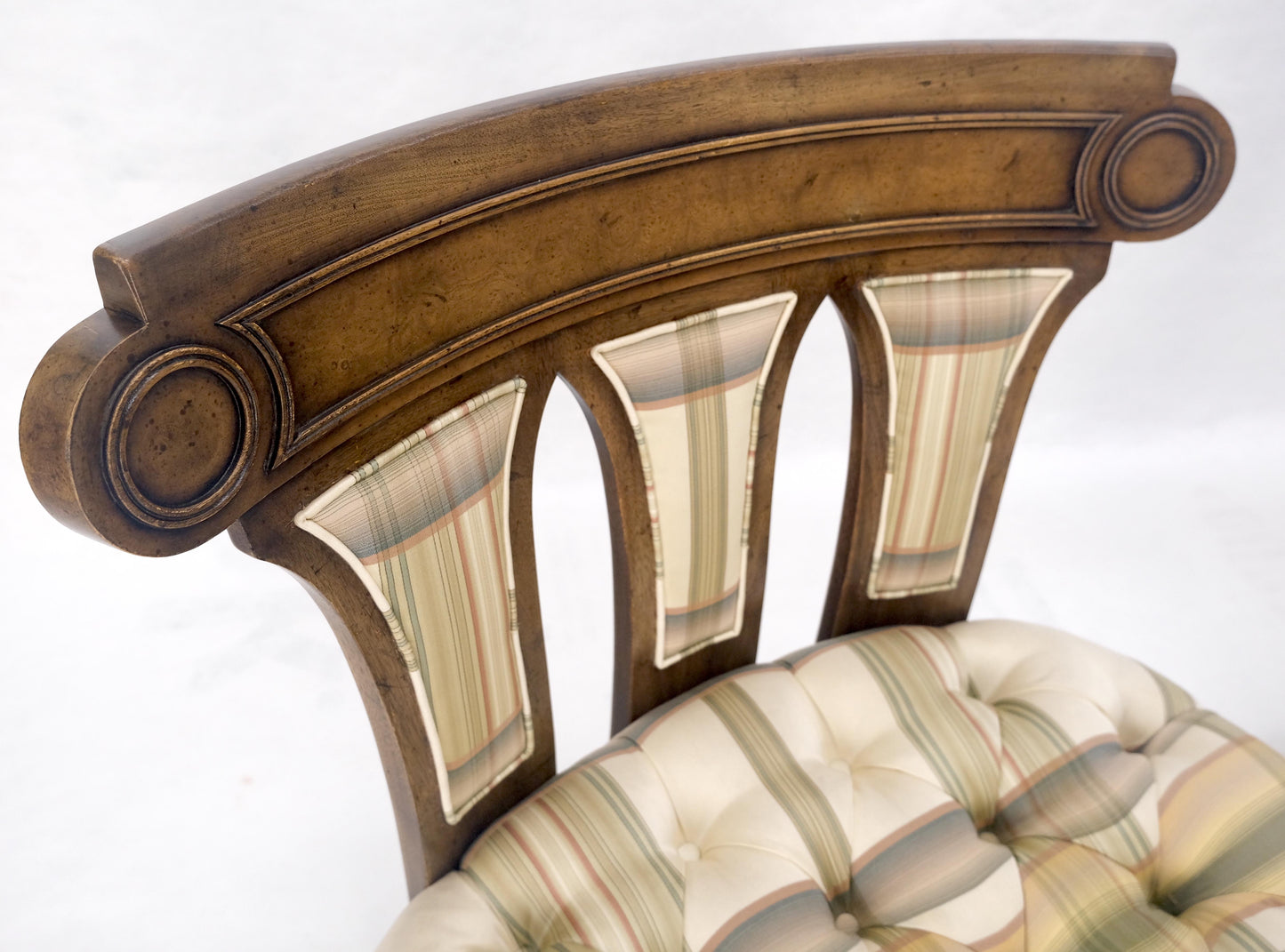 EstablishedLines Pair of Tufted Seats Burl Wood Back Oval Seats Slipper Chairs on Caters MINT