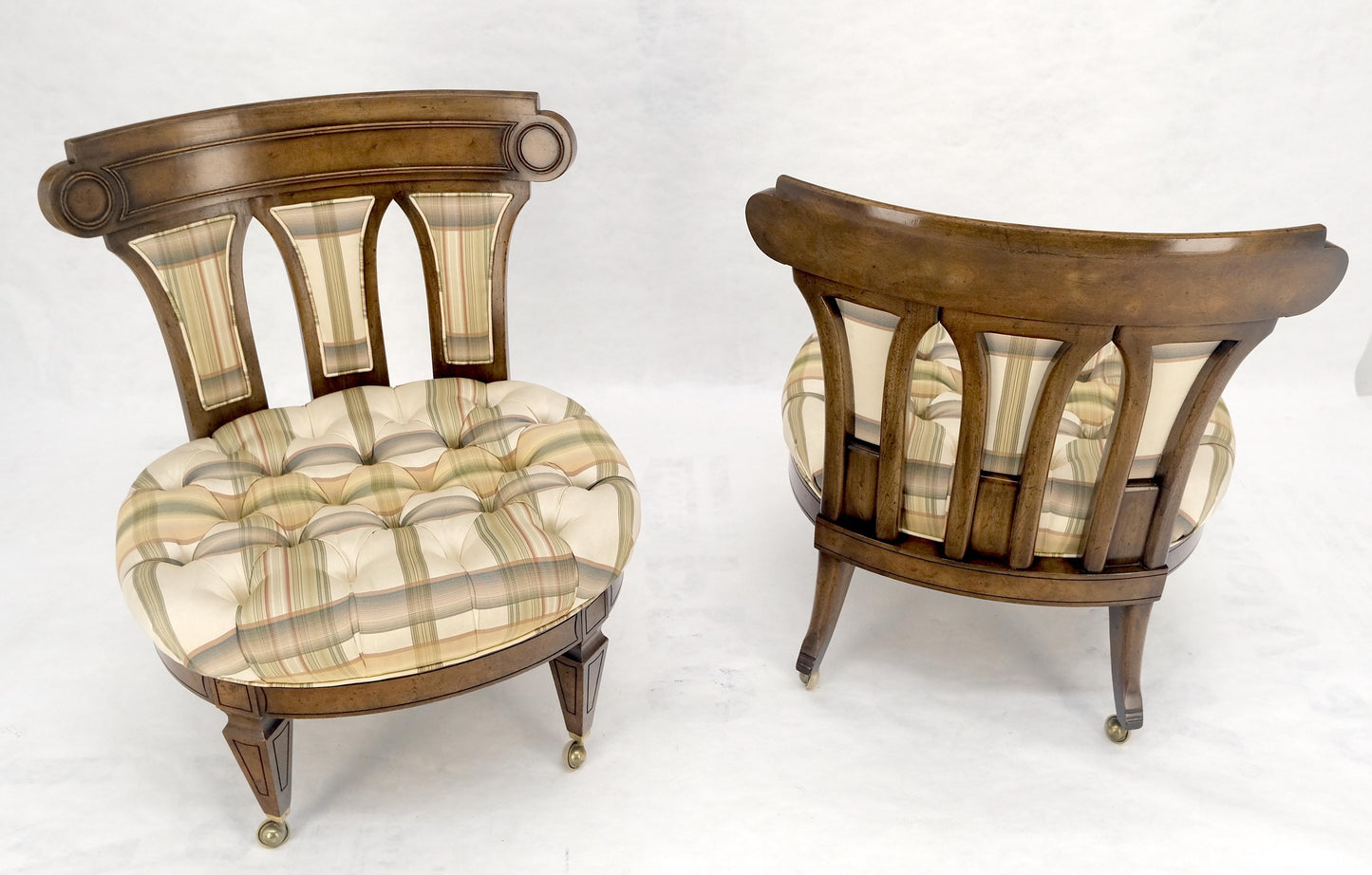 EstablishedLines Pair of Tufted Seats Burl Wood Back Oval Seats Slipper Chairs on Caters MINT