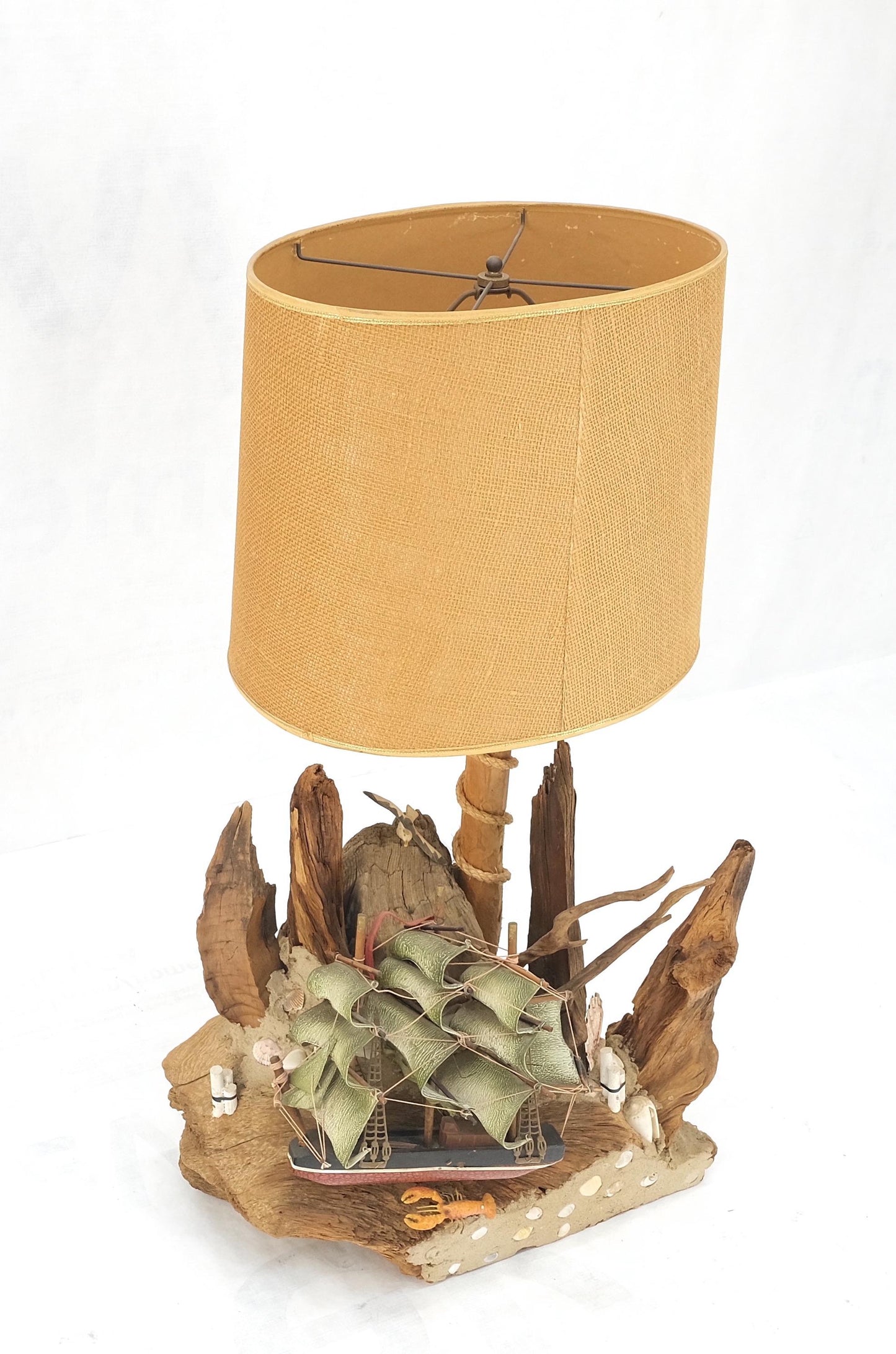 EstablishedLines Sea Naval Shells Theme Decorated Driftwood Base Table Lamp Mid-Century Modern
