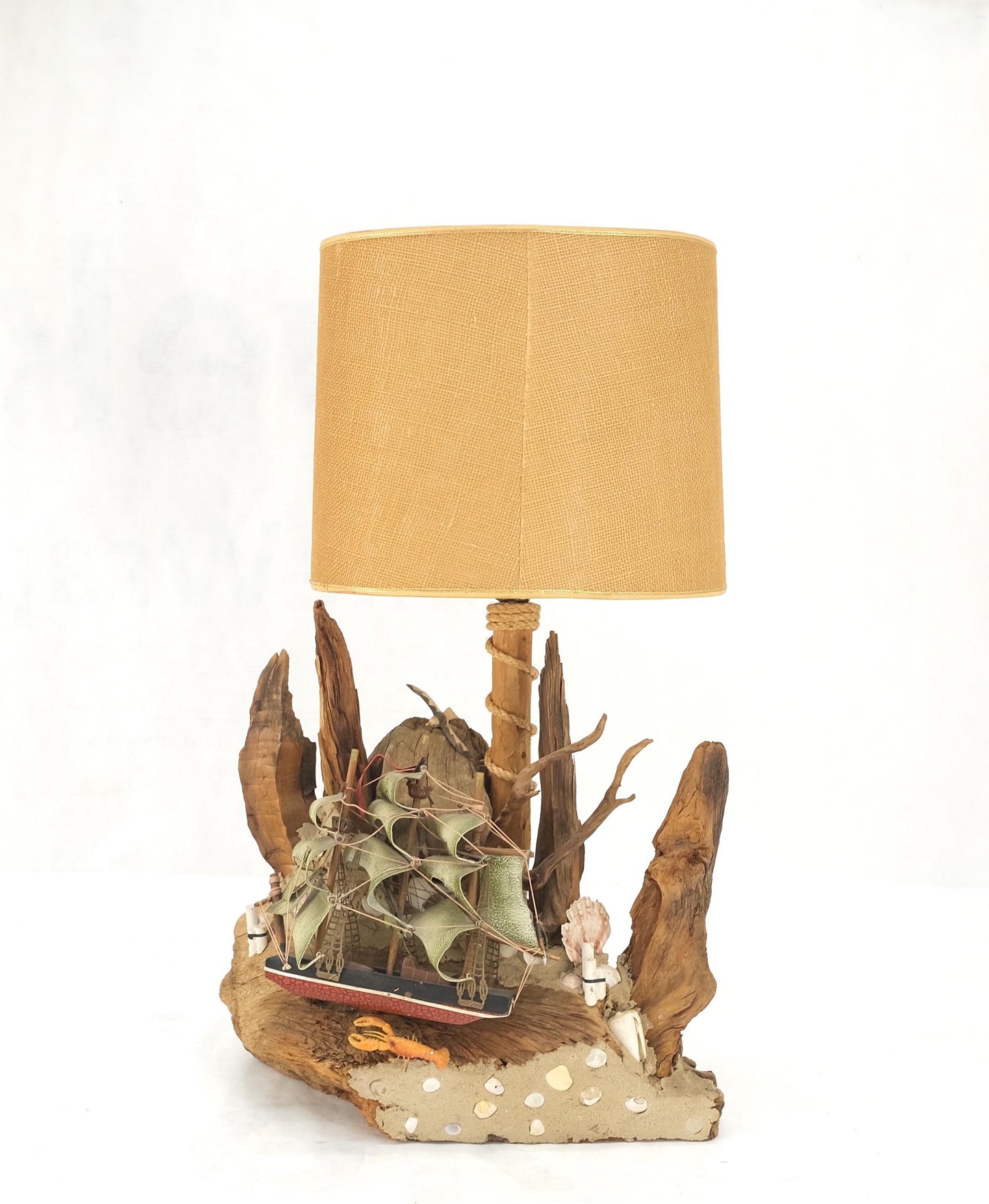 EstablishedLines Sea Naval Shells Theme Decorated Driftwood Base Table Lamp Mid-Century Modern