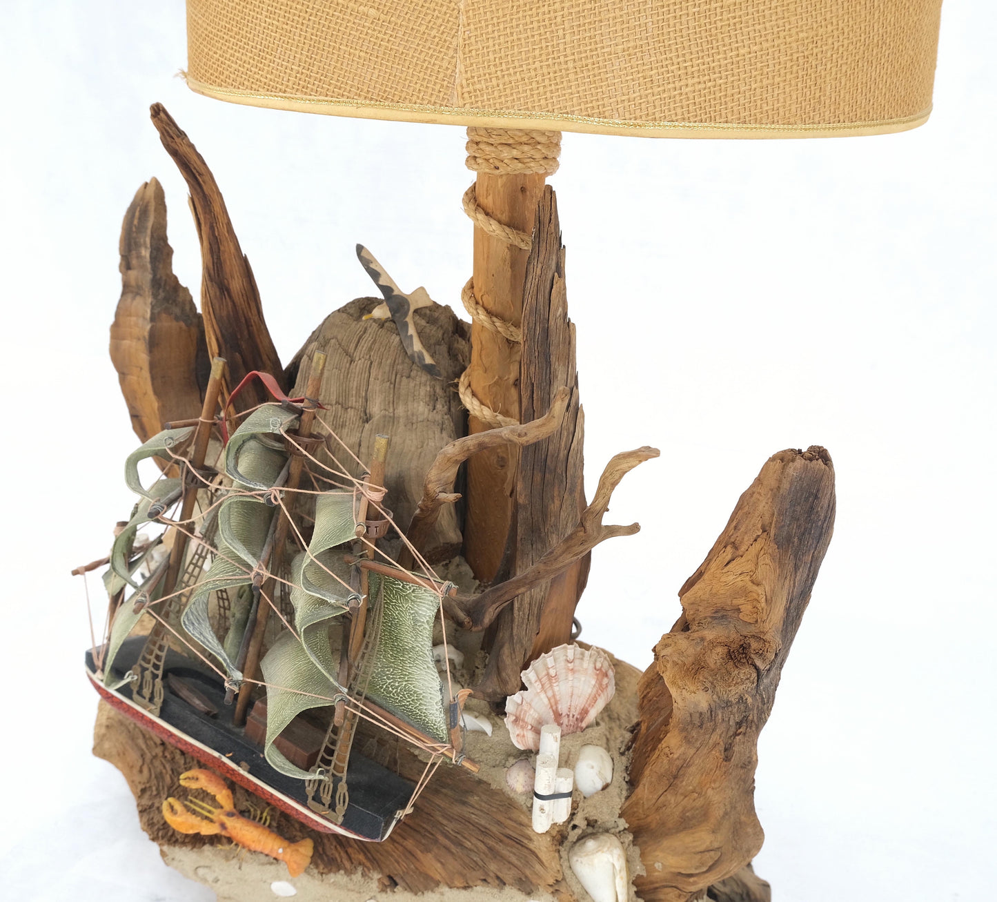 EstablishedLines Sea Naval Shells Theme Decorated Driftwood Base Table Lamp Mid-Century Modern