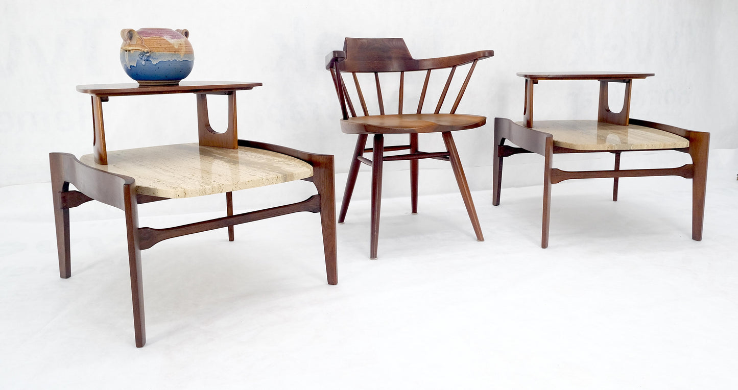 EstablishedLines Pair of Bertha Schaefer Walnut Travertine Top Step Side End Tables Stands MINT!