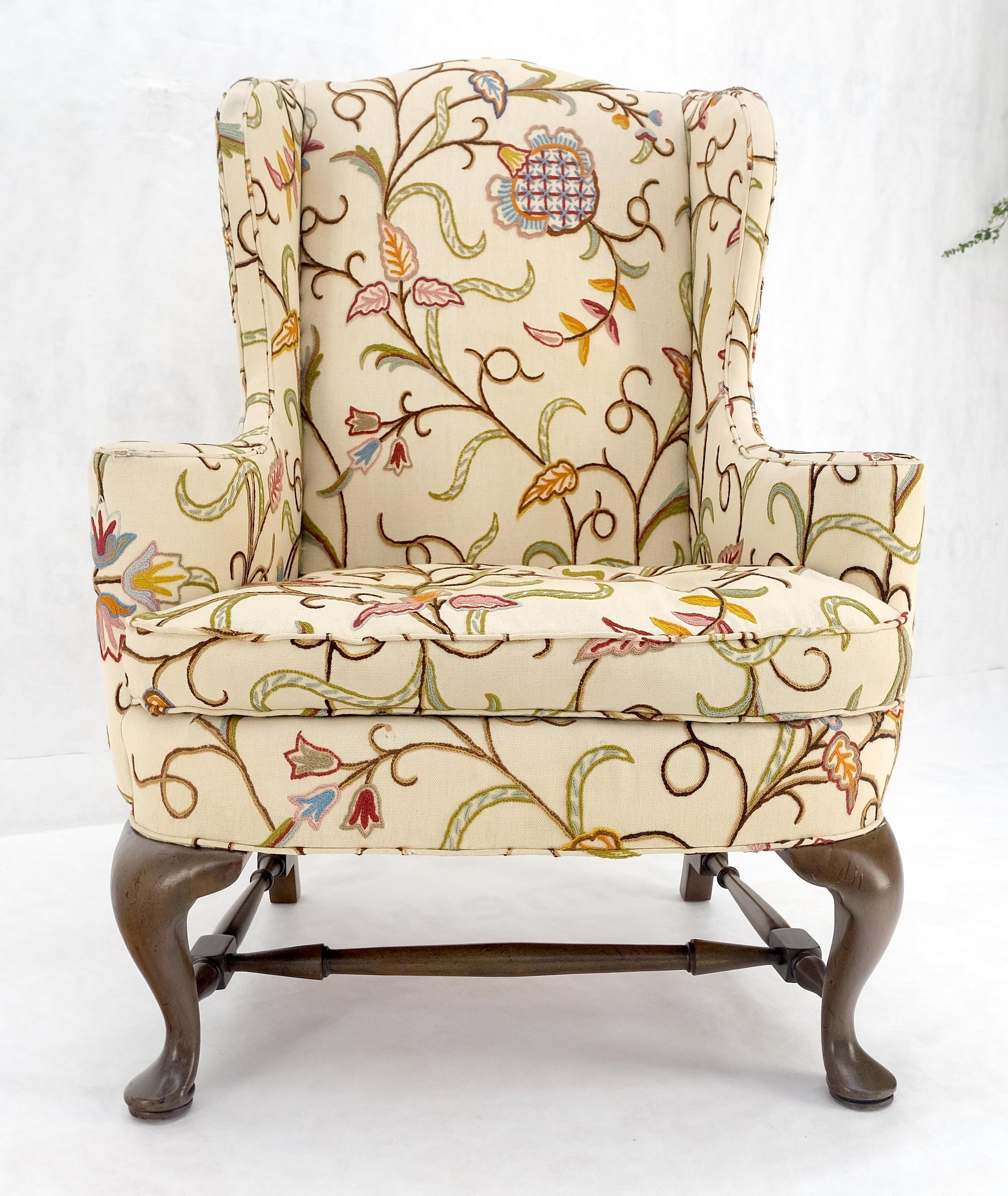 EstablishedLines Hand Stitched Floral Pattern Wide Queen Ann Base Wind Lounge Club Chair 1940s