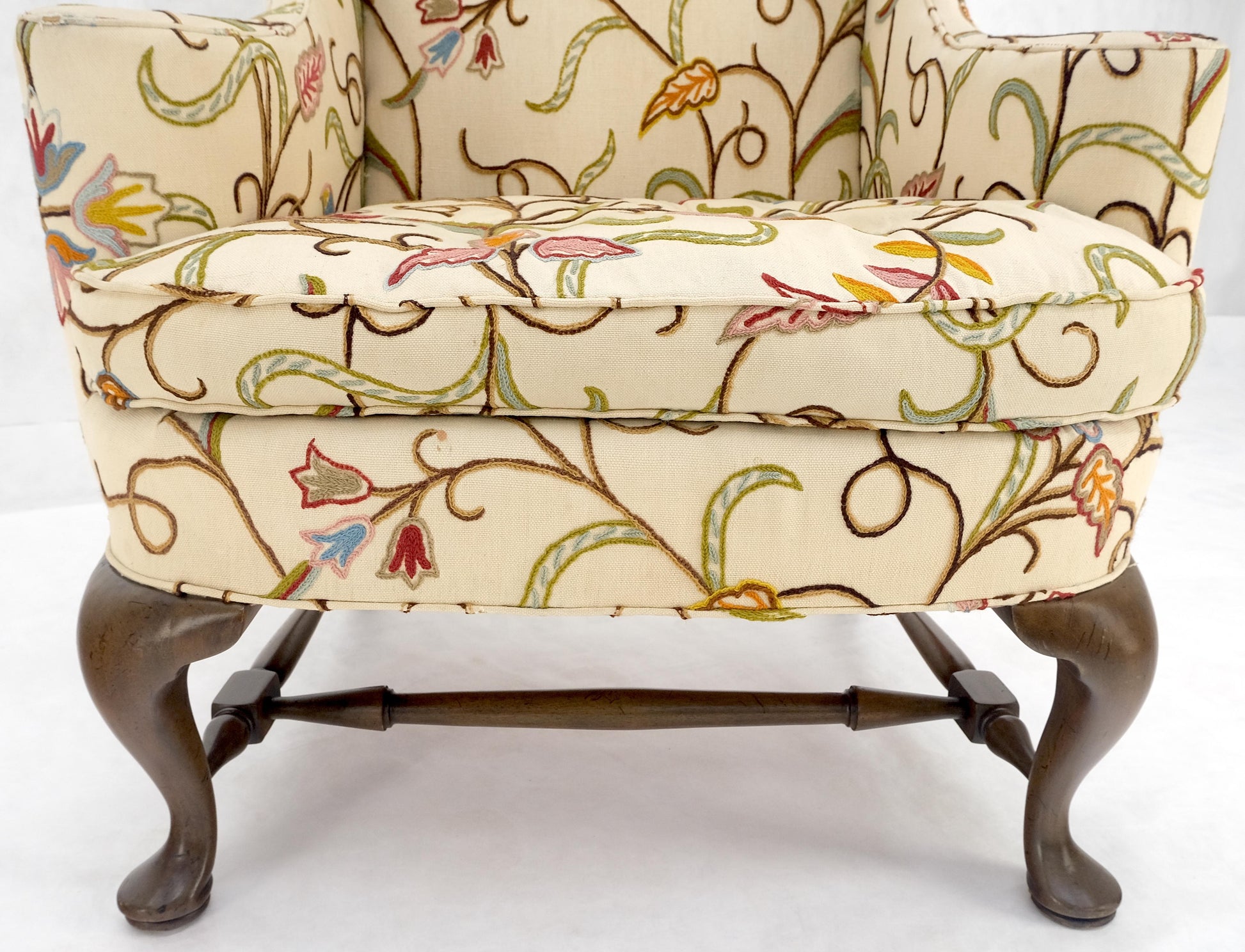 EstablishedLines Hand Stitched Floral Pattern Wide Queen Ann Base Wind Lounge Club Chair 1940s