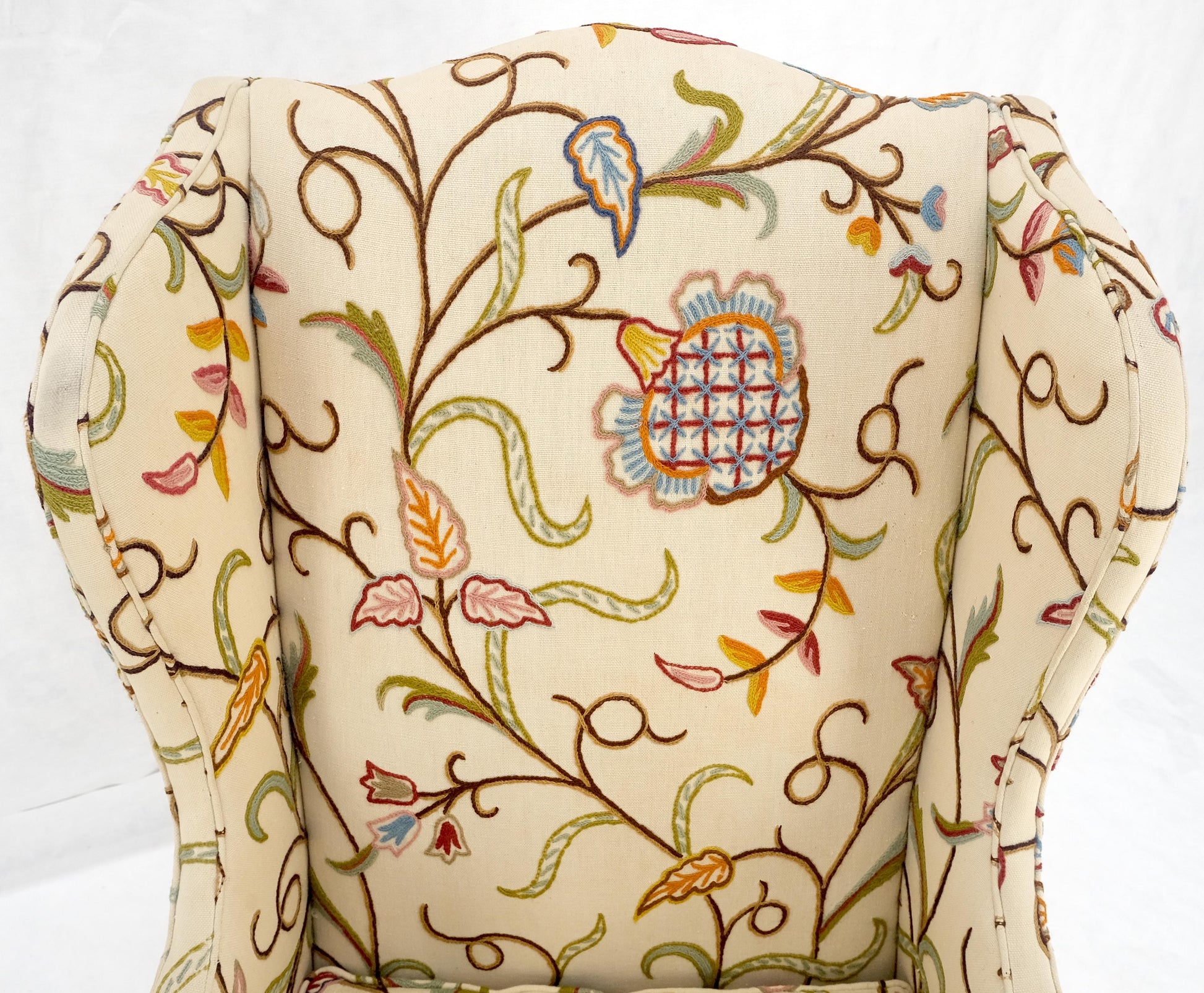 EstablishedLines Hand Stitched Floral Pattern Wide Queen Ann Base Wind Lounge Club Chair 1940s