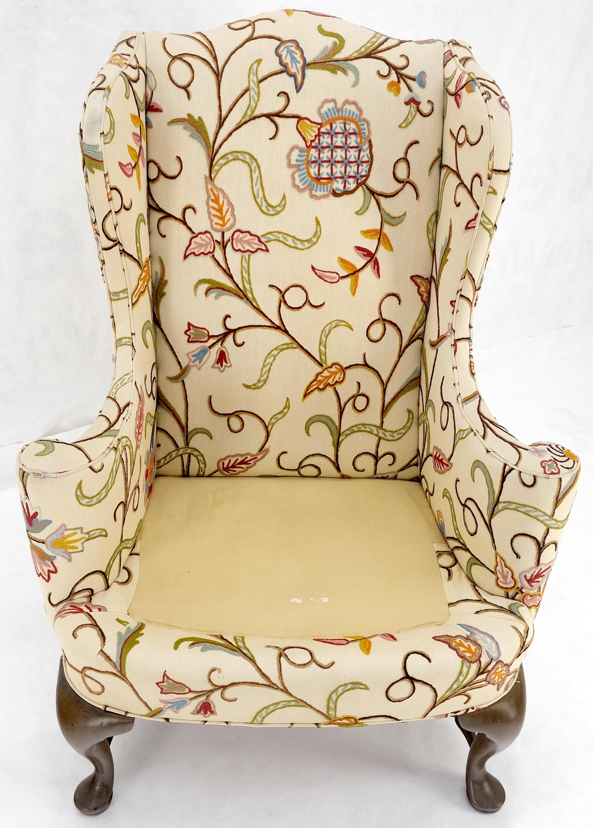 EstablishedLines Hand Stitched Floral Pattern Wide Queen Ann Base Wind Lounge Club Chair 1940s