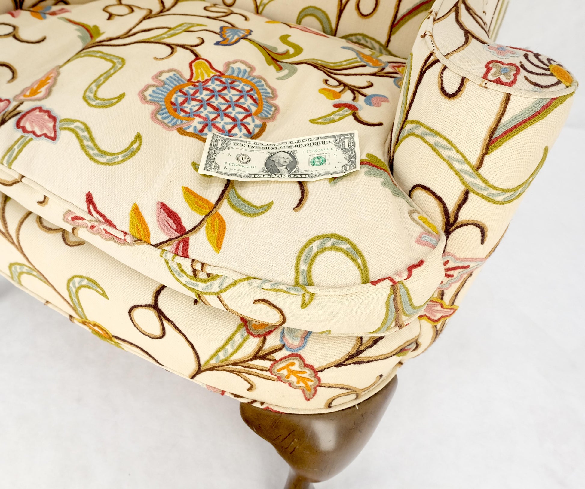 EstablishedLines Hand Stitched Floral Pattern Wide Queen Ann Base Wind Lounge Club Chair 1940s