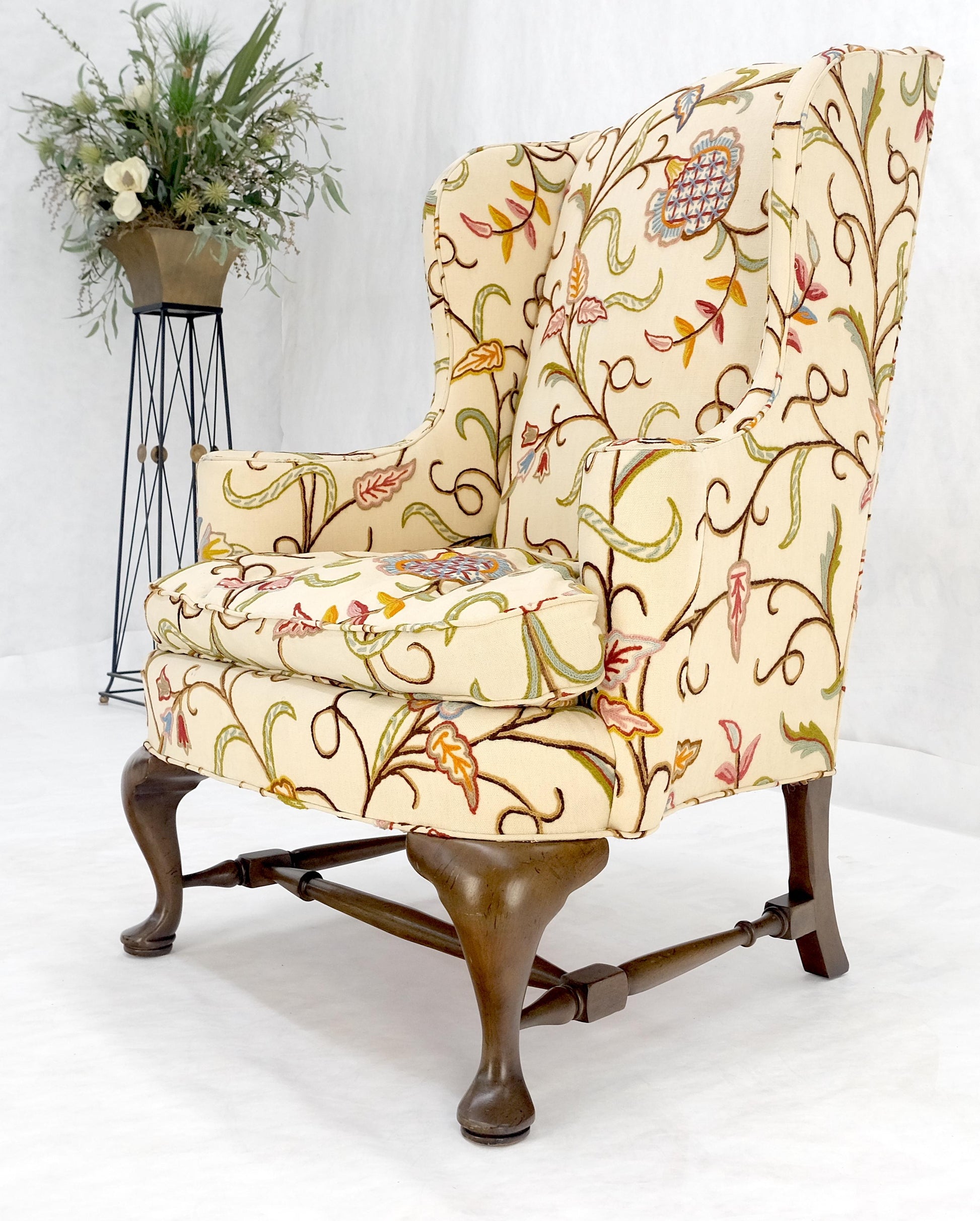 EstablishedLines Hand Stitched Floral Pattern Wide Queen Ann Base Wind Lounge Club Chair 1940s