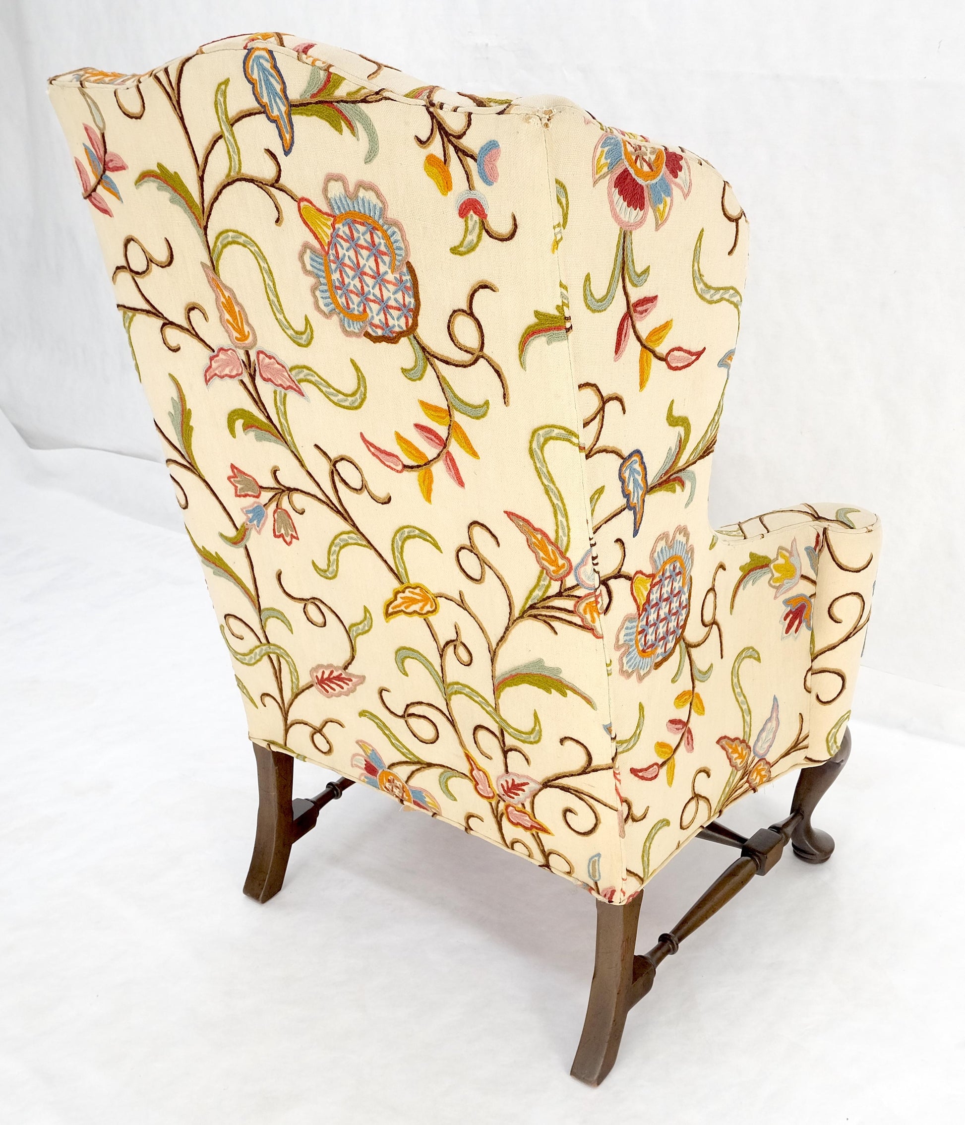 EstablishedLines Hand Stitched Floral Pattern Wide Queen Ann Base Wind Lounge Club Chair 1940s