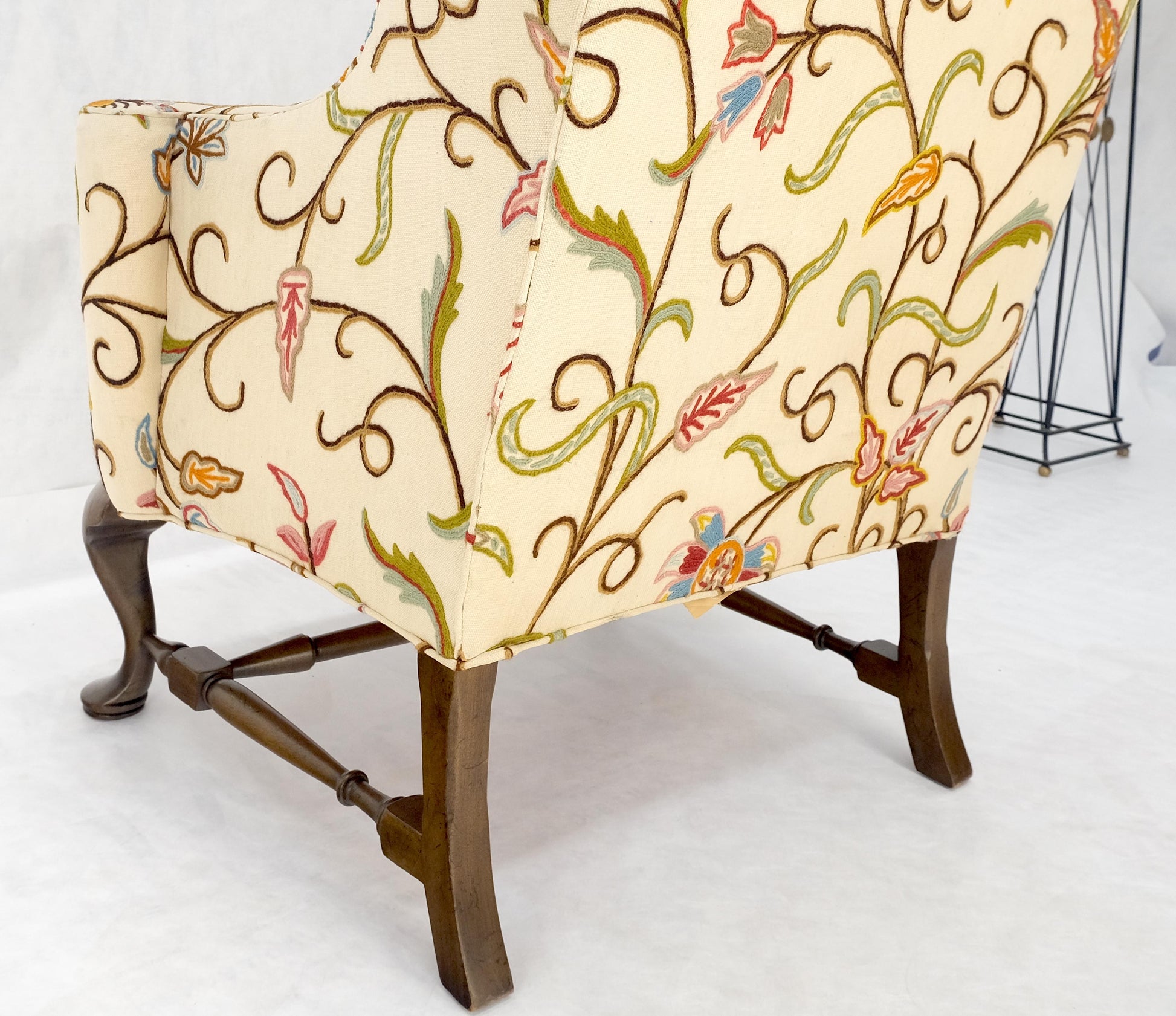 EstablishedLines Hand Stitched Floral Pattern Wide Queen Ann Base Wind Lounge Club Chair 1940s
